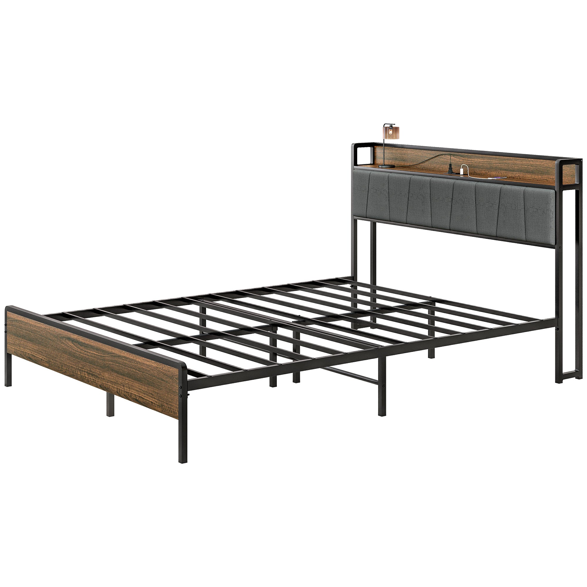 HOMCOM Queen Bed Frame with Storage, Platform Bed Frame with Charging Station, Upholstered Headboard, Steel Slats, Noise Free and Easy Assembly, No Box Spring Needed, Walnut