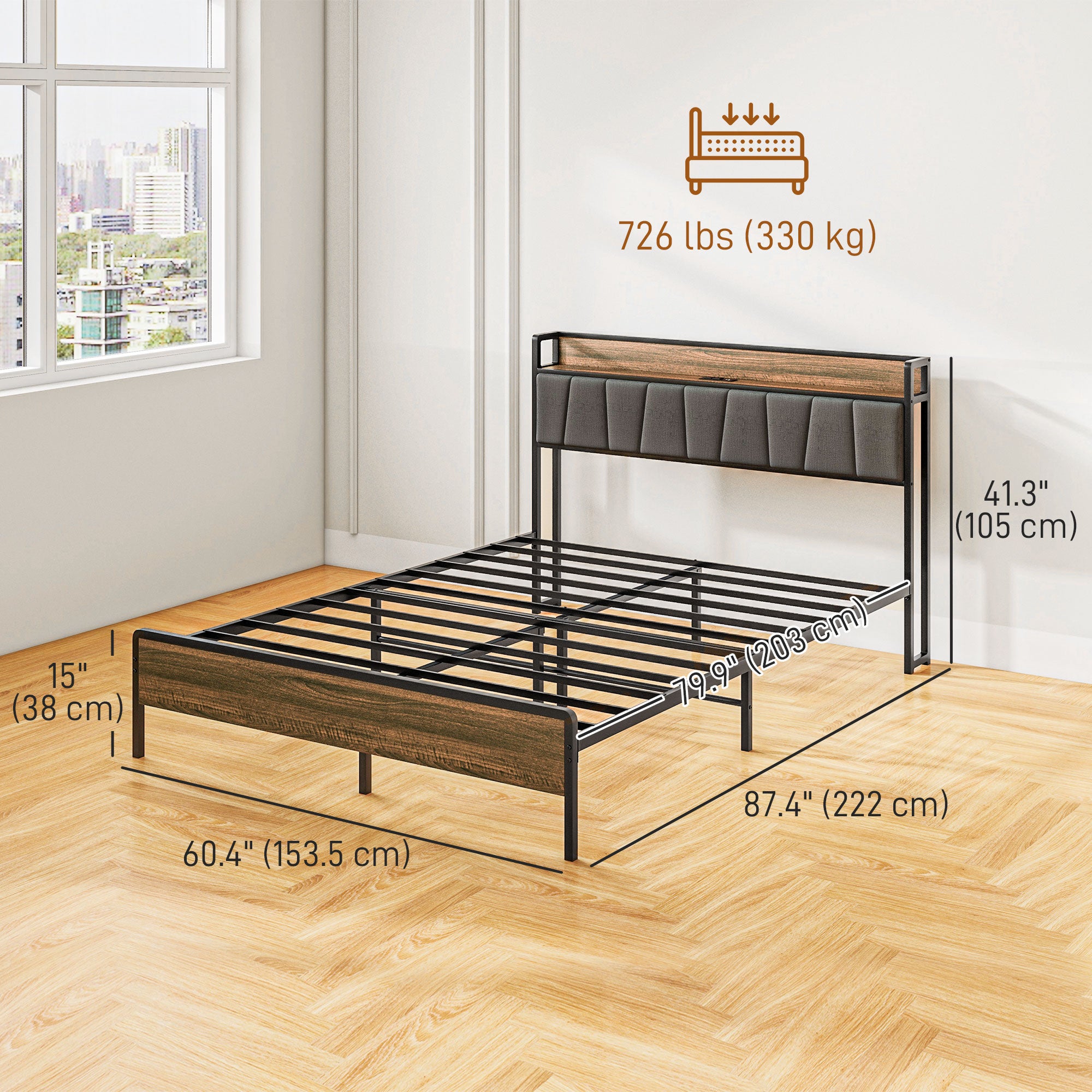 HOMCOM Queen Bed Frame with Storage, Platform Bed Frame with Charging Station, Upholstered Headboard, Steel Slats, Noise Free and Easy Assembly, No Box Spring Needed, Walnut