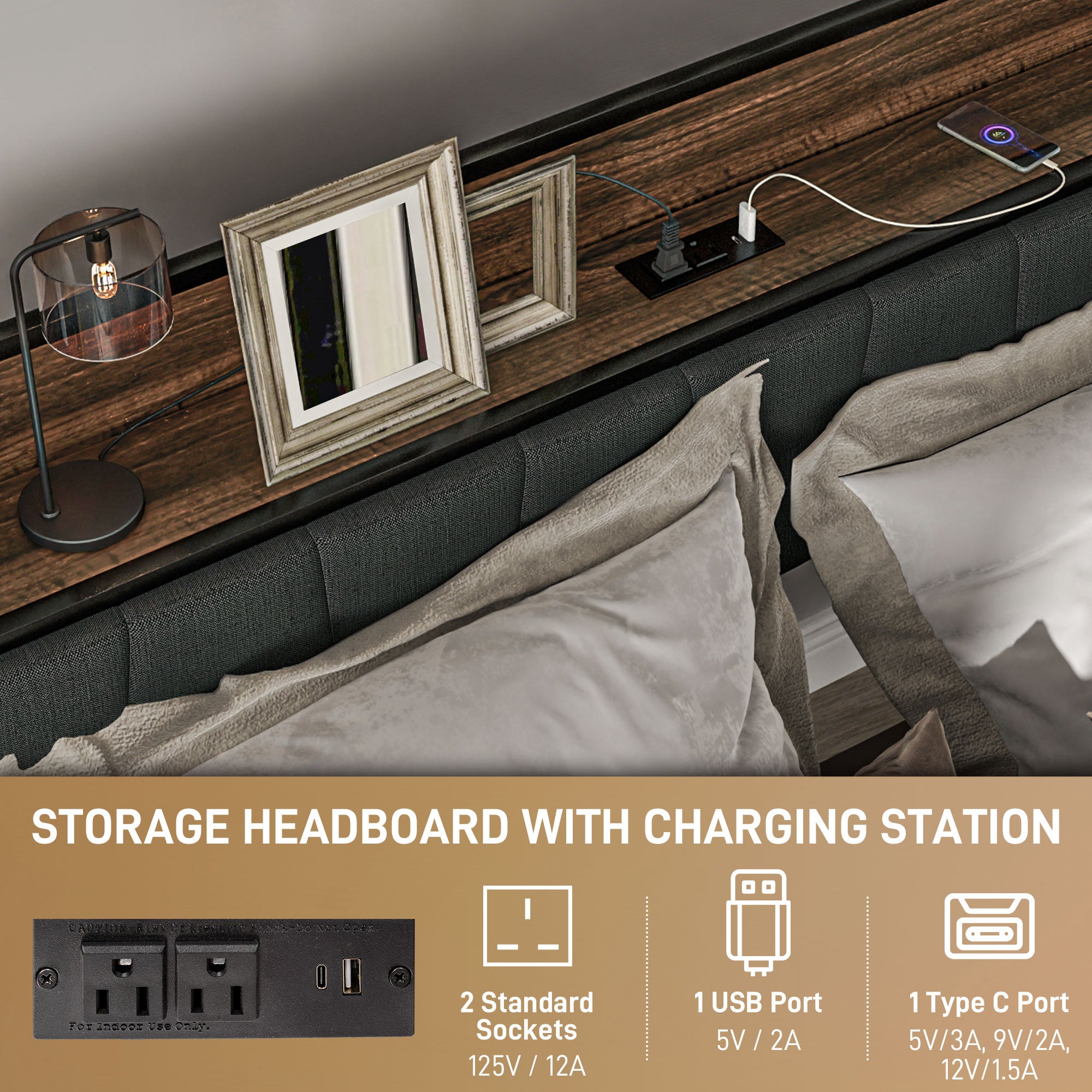 HOMCOM Queen Bed Frame with Storage, Platform Bed Frame with Charging Station, Upholstered Headboard, Steel Slats, Noise Free and Easy Assembly, No Box Spring Needed, Walnut