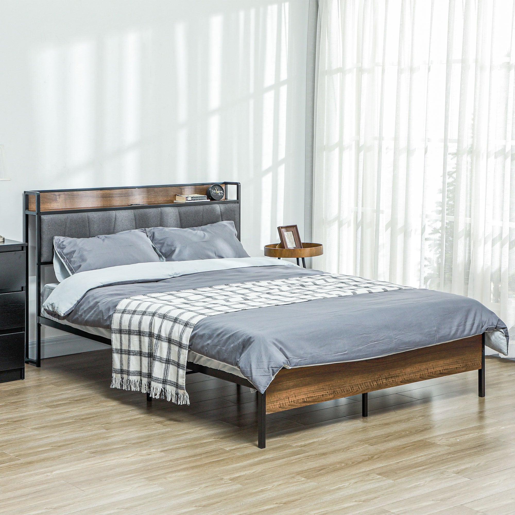 HOMCOM Queen Bed Frame with Storage, Platform Bed Frame with Charging Station, Upholstered Headboard, Steel Slats, Noise Free and Easy Assembly, No Box Spring Needed, Walnut