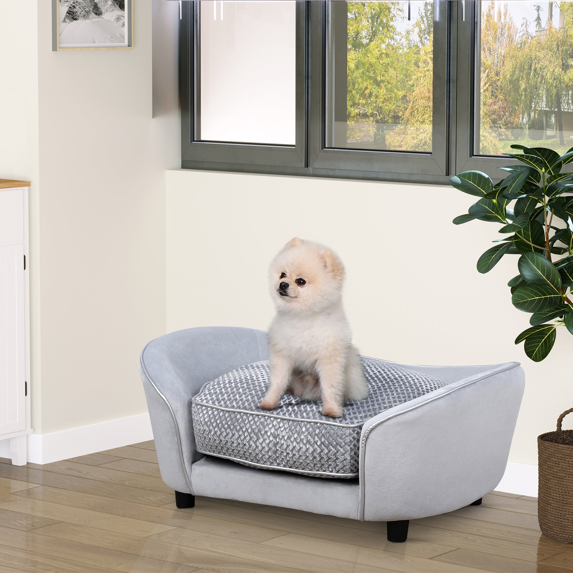 PawHut Dog Sofa for Small Dogs, Pet Couch with Padded Cushion, Cat Lounge Bed w/ Washable Cover, Wooden Frame - Grey