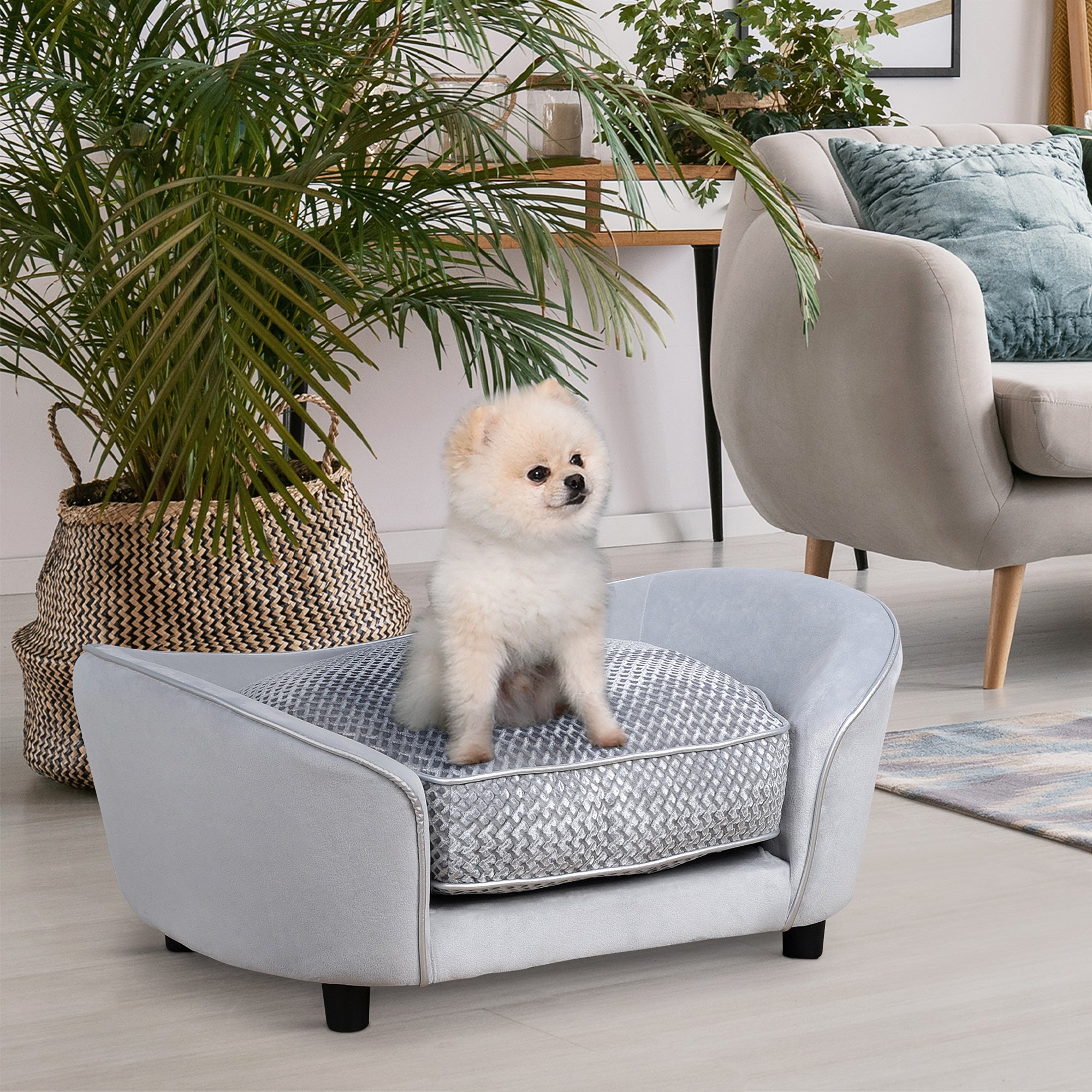 PawHut Dog Sofa for Small Dogs, Pet Couch with Padded Cushion, Cat Lounge Bed w/ Washable Cover, Wooden Frame - Grey