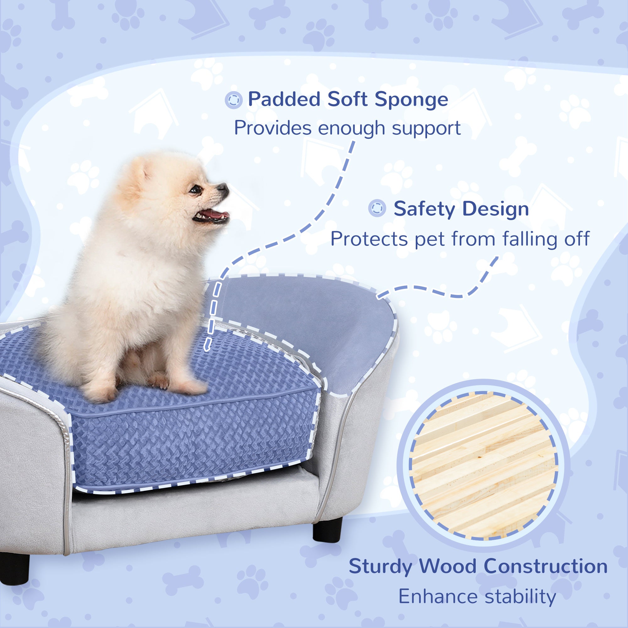 PawHut Dog Sofa for Small Dogs, Pet Couch with Padded Cushion, Cat Lounge Bed w/ Washable Cover, Wooden Frame - Grey