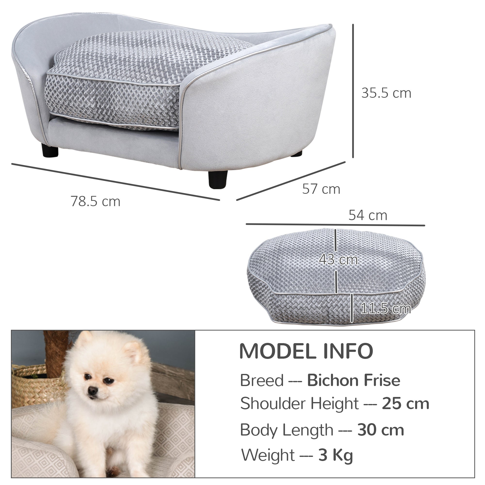 PawHut Dog Sofa for Small Dogs, Pet Couch with Padded Cushion, Cat Lounge Bed w/ Washable Cover, Wooden Frame - Grey