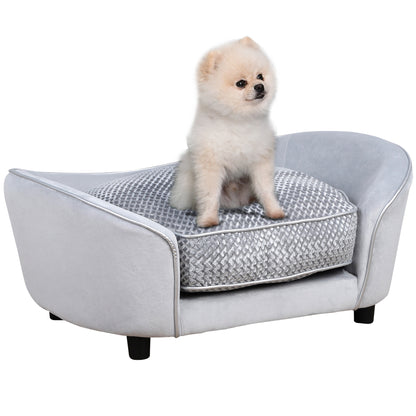 PawHut Dog Sofa for Small Dogs, Pet Couch with Padded Cushion, Cat Lounge Bed w/ Washable Cover, Wooden Frame - Grey