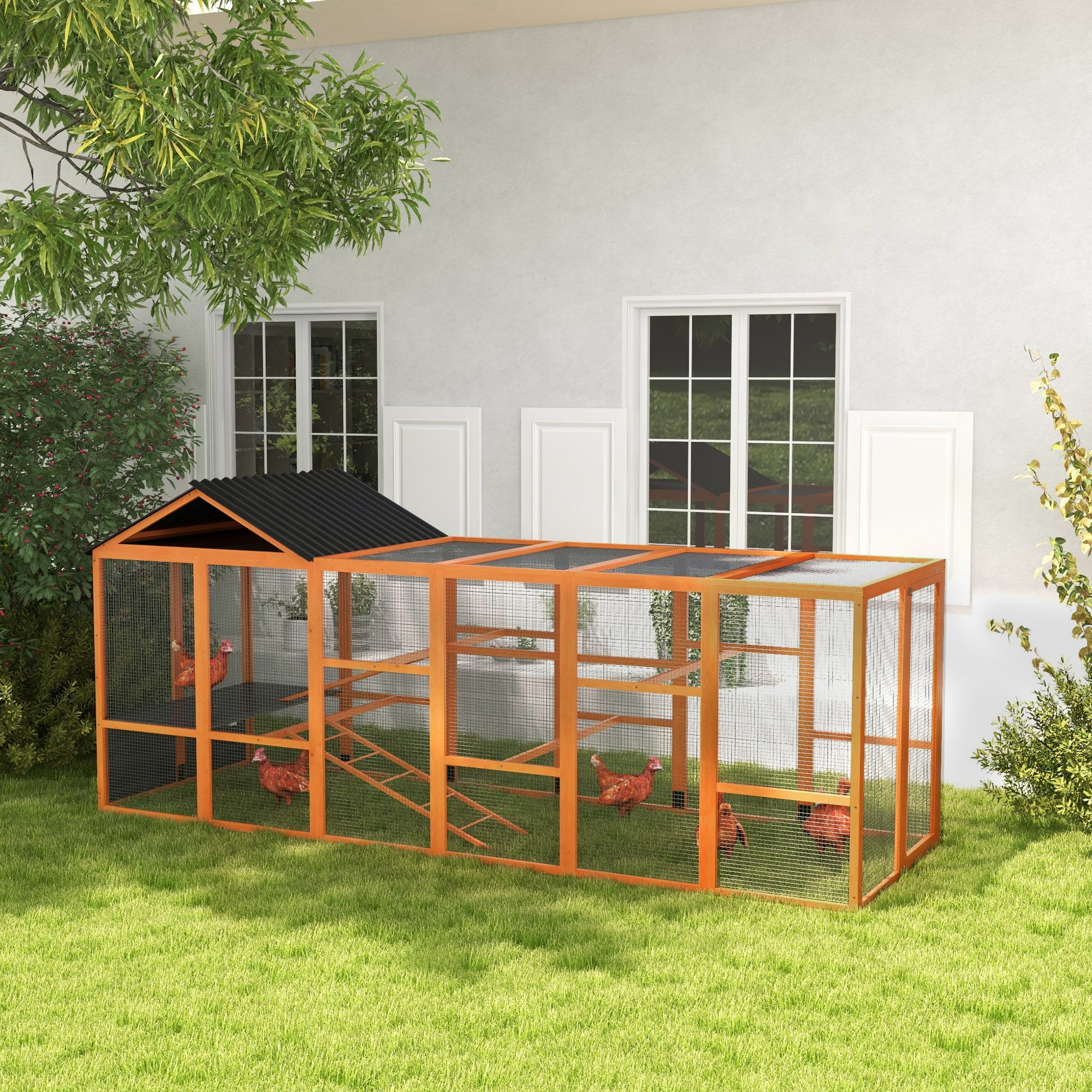 PawHut Wooden Chicken Coop Run for 6-10 Chickens, Hen House, Poultry Cage Add-On with Storage, Perches, 141.75" x 48" x 61", Orange
