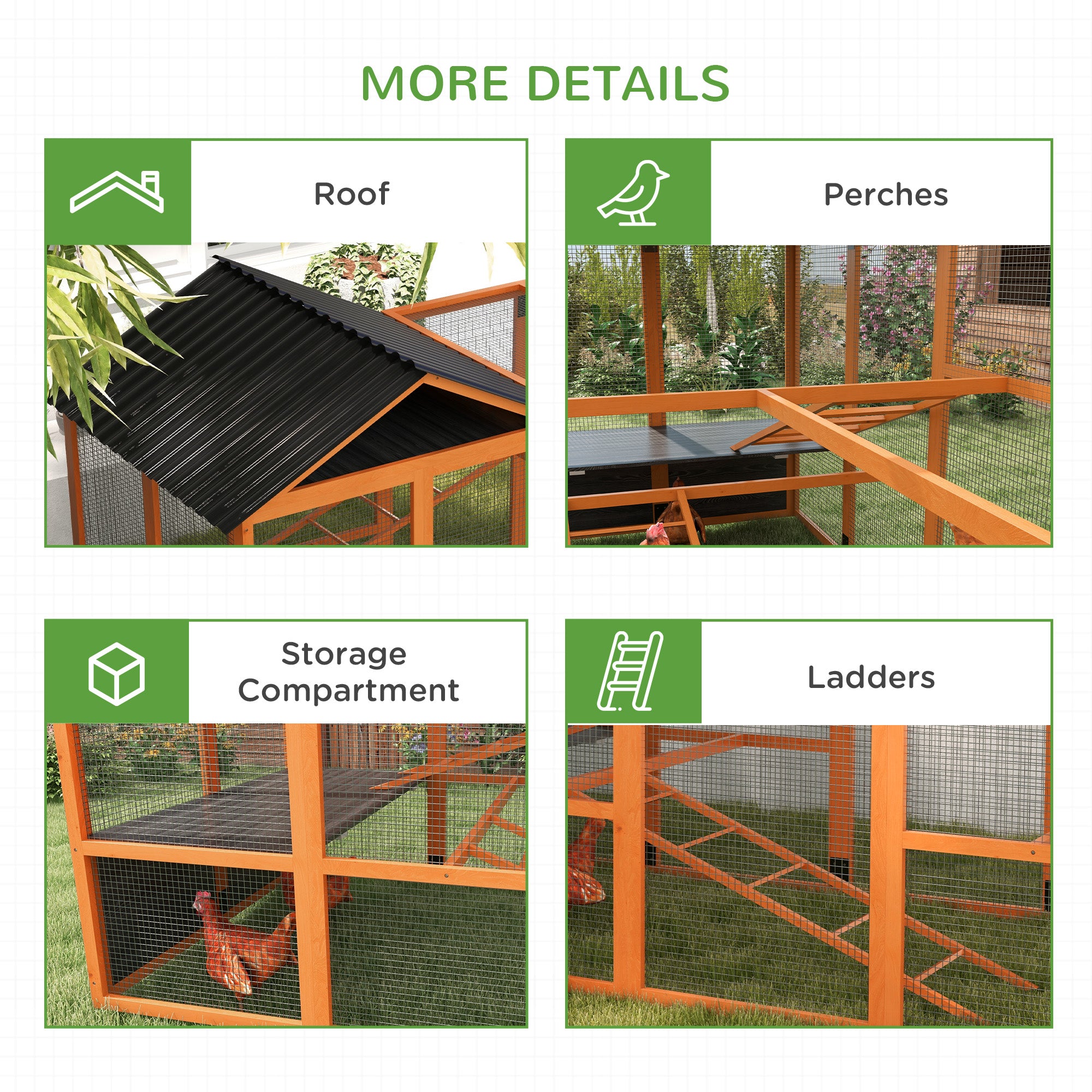 PawHut Wooden Chicken Coop Run for 6-10 Chickens, Hen House, Poultry Cage Add-On with Storage, Perches, 141.75" x 48" x 61", Orange