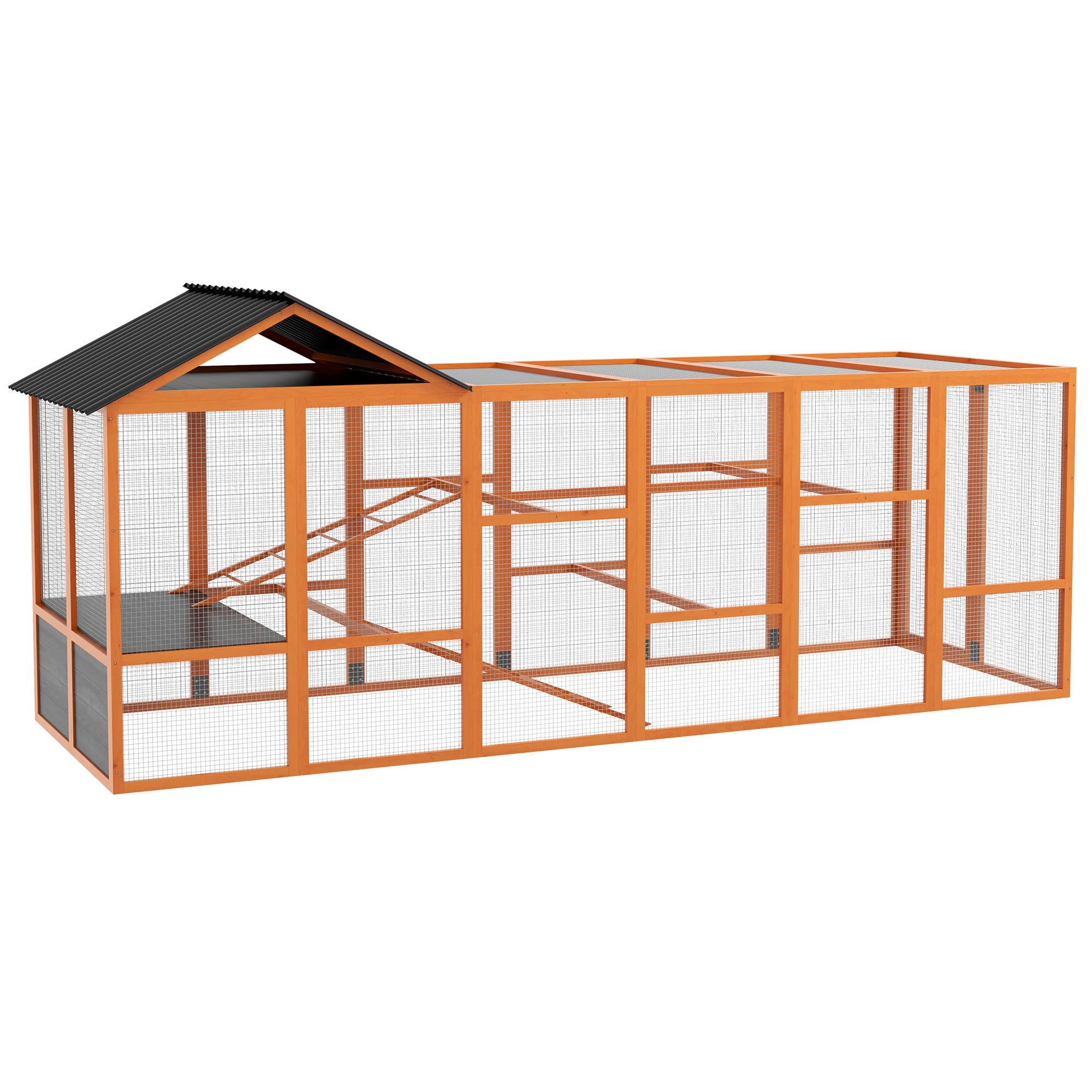 PawHut Wooden Chicken Coop Run for 6-10 Chickens, Hen House, Poultry Cage Add-On with Storage, Perches, 141.75" x 48" x 61", Orange