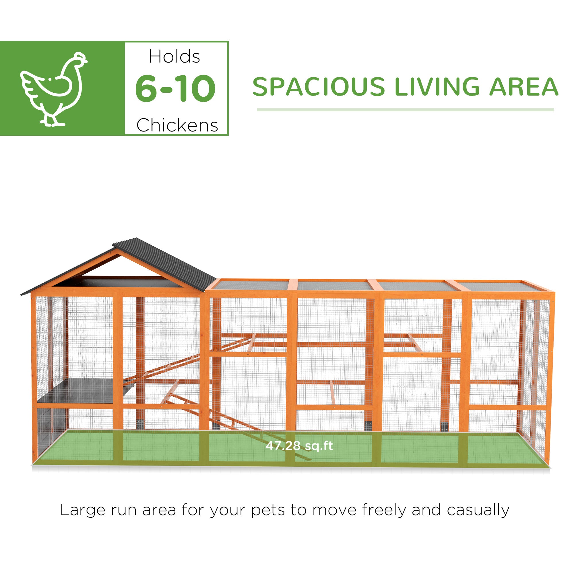 PawHut Wooden Chicken Coop Run for 6-10 Chickens, Hen House, Poultry Cage Add-On with Storage, Perches, 141.75" x 48" x 61", Orange