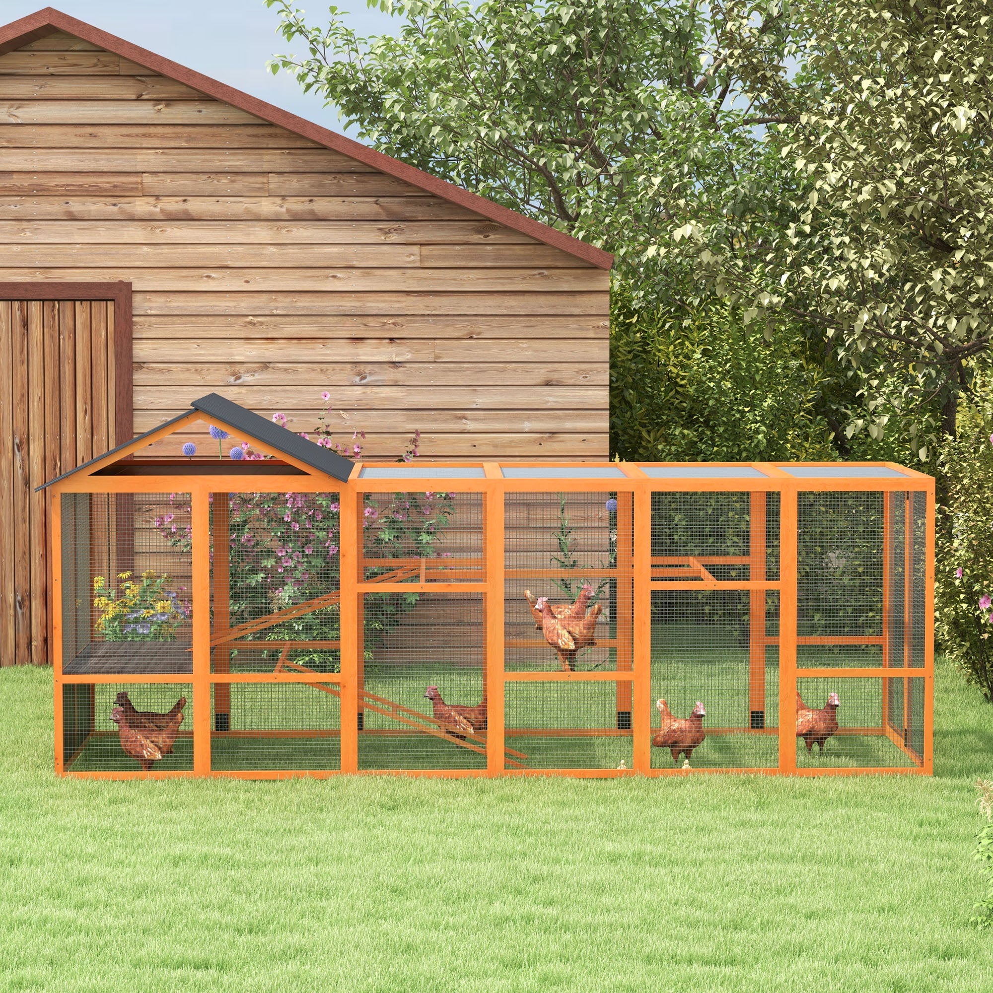 PawHut Wooden Chicken Coop Run for 6-10 Chickens, Hen House, Poultry Cage Add-On with Storage, Perches, 141.75" x 48" x 61", Orange