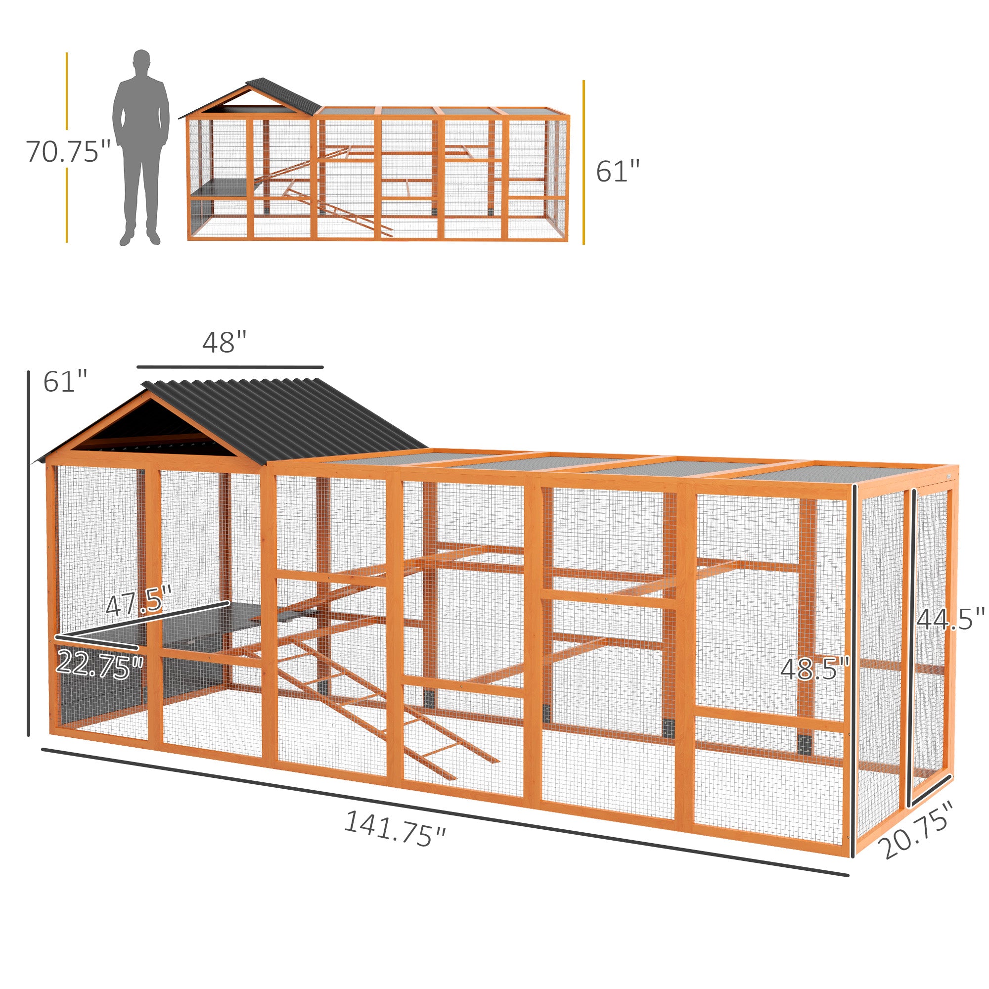 PawHut Wooden Chicken Coop Run for 6-10 Chickens, Hen House, Poultry Cage Add-On with Storage, Perches, 141.75" x 48" x 61", Orange