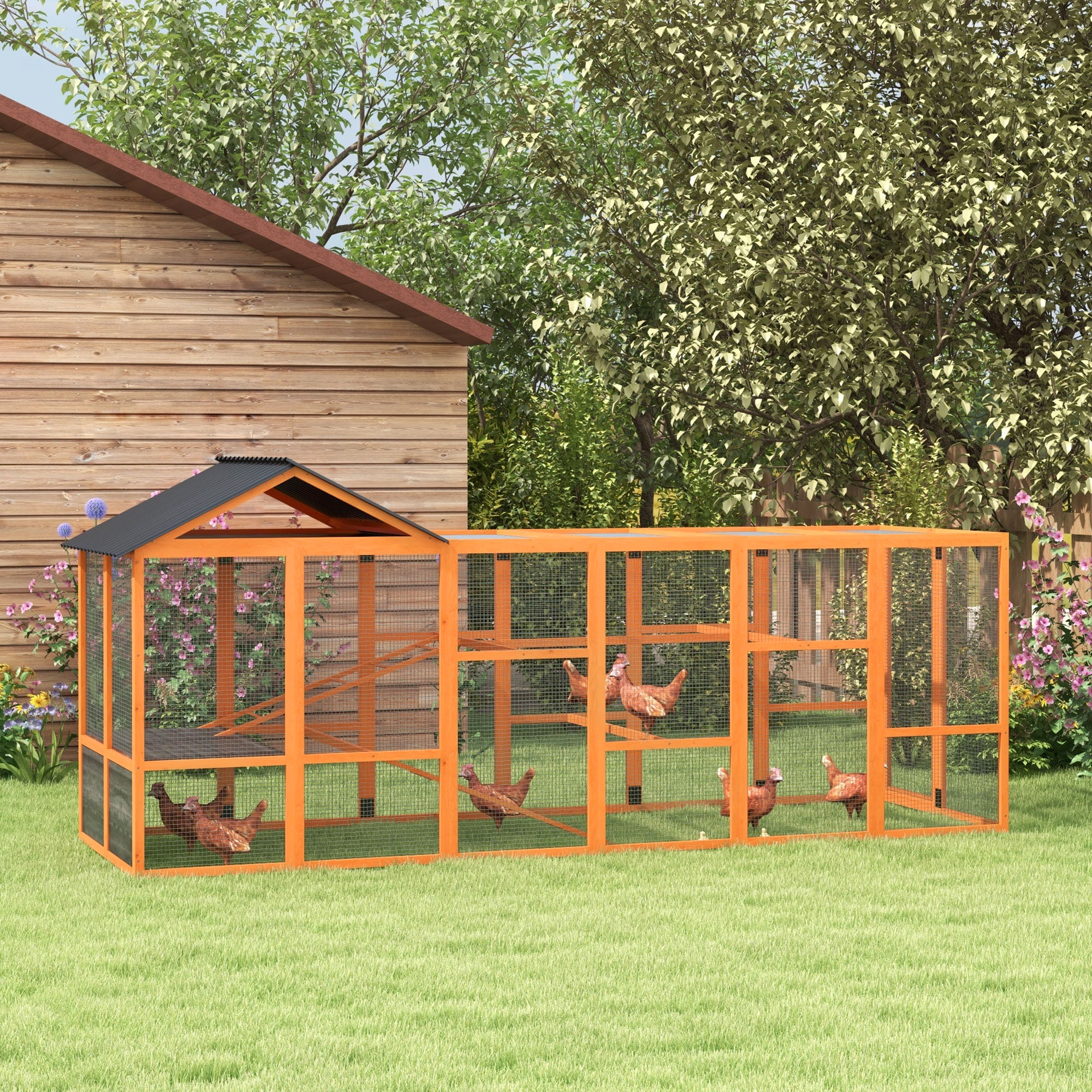 PawHut Wooden Chicken Coop Run for 6-10 Chickens, Hen House, Poultry Cage Add-On with Storage, Perches, 141.75" x 48" x 61", Orange