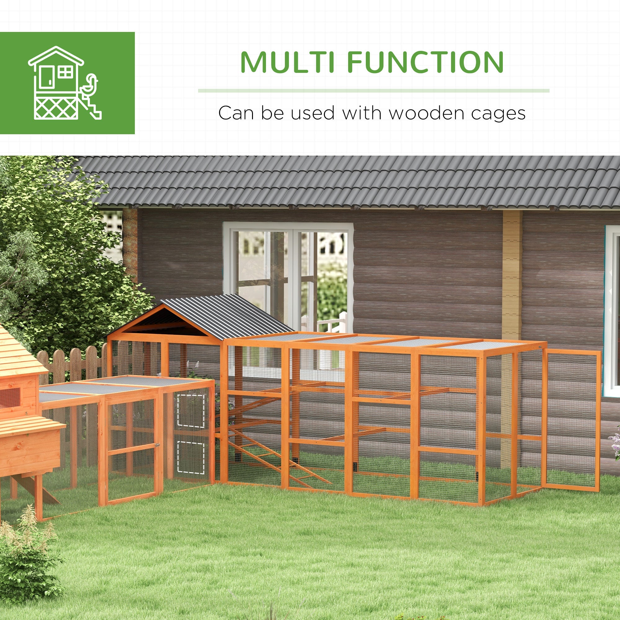 PawHut Wooden Chicken Coop Run for 6-10 Chickens, Hen House, Poultry Cage Add-On with Storage, Perches, 141.75" x 48" x 61", Orange