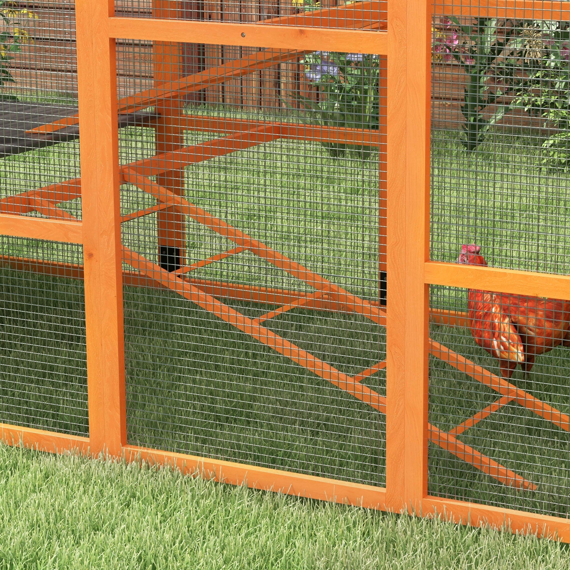 PawHut Wooden Chicken Coop Run for 6-10 Chickens, Hen House, Poultry Cage Add-On with Storage, Perches, 141.75" x 48" x 61", Orange
