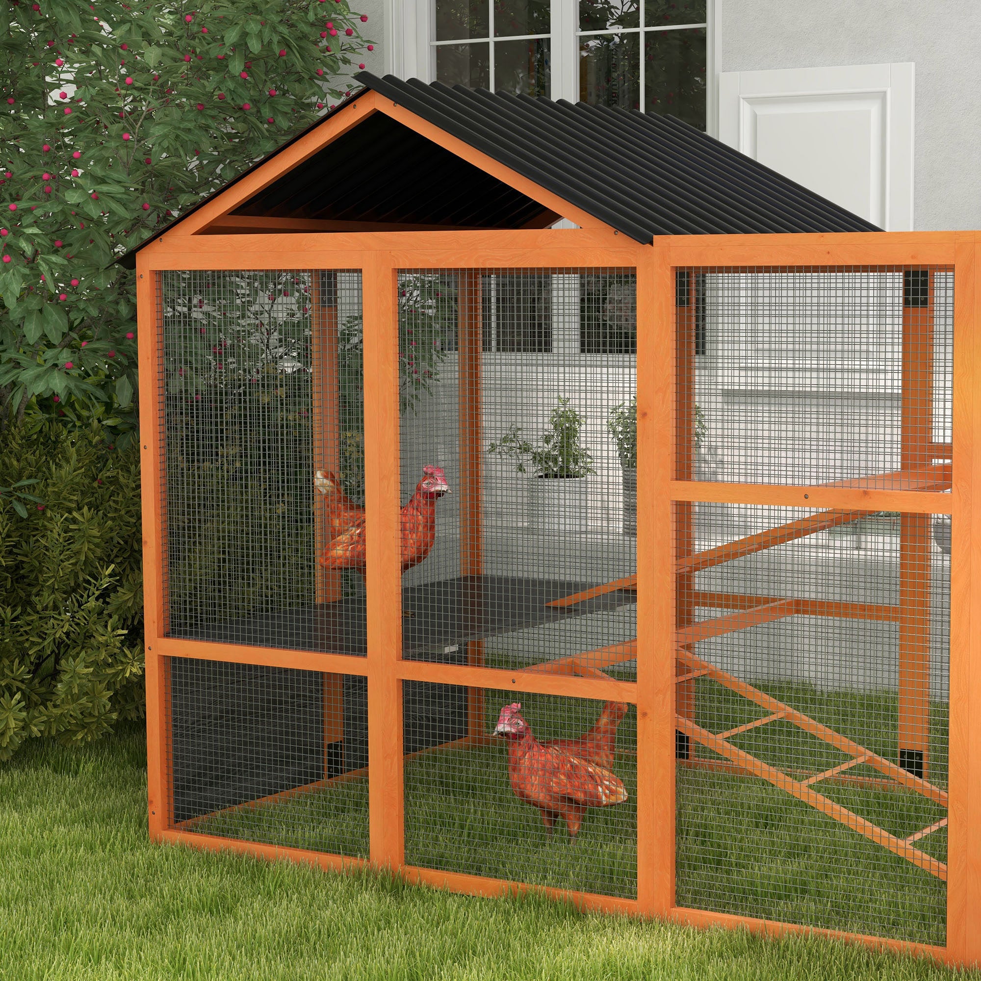 PawHut Wooden Chicken Coop Run for 6-10 Chickens, Hen House, Poultry Cage Add-On with Storage, Perches, 141.75" x 48" x 61", Orange