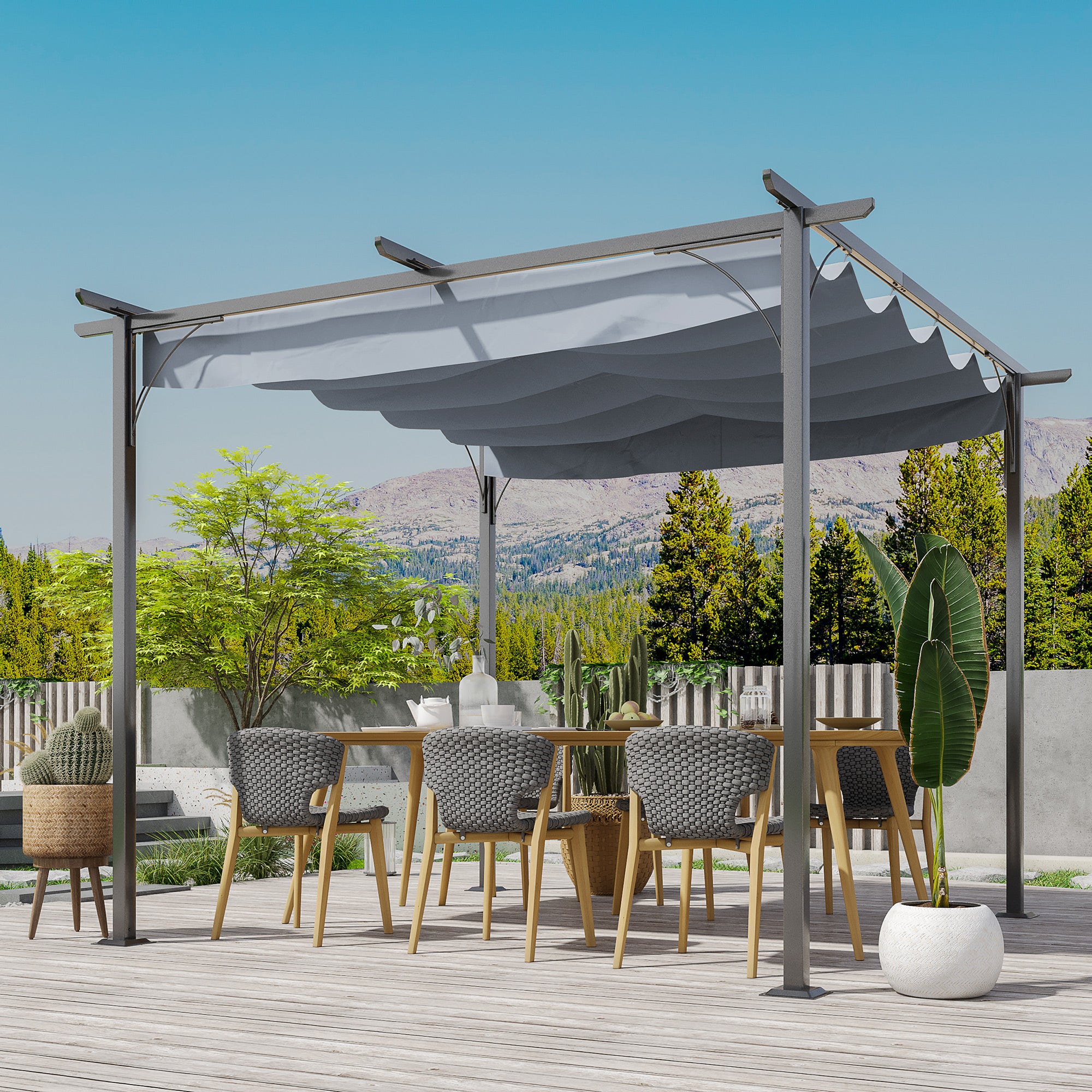Outsunny 10' x 10' Outdoor Retractable Pergola Canopy, Metal Patio Shade Shelter for Backyard, Porch Party, Garden, Grill Gazebo, Grey