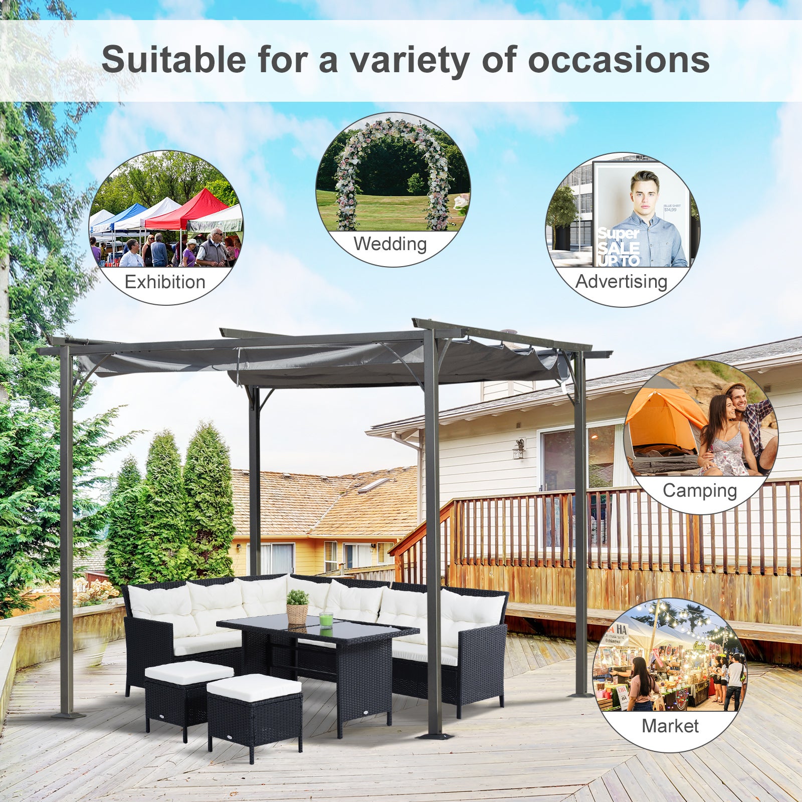 Outsunny 10' x 10' Outdoor Retractable Pergola Canopy, Metal Patio Shade Shelter for Backyard, Porch Party, Garden, Grill Gazebo, Grey