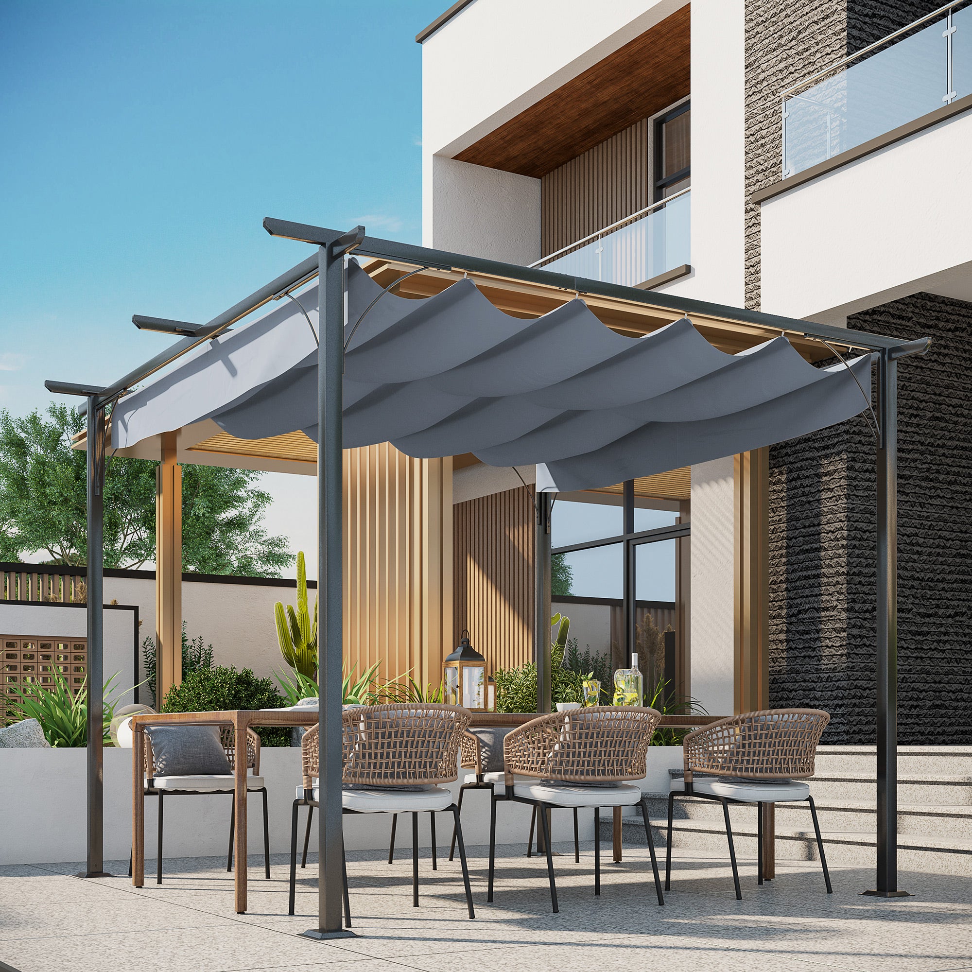 Outsunny 10' x 10' Outdoor Retractable Pergola Canopy, Metal Patio Shade Shelter for Backyard, Porch Party, Garden, Grill Gazebo, Grey