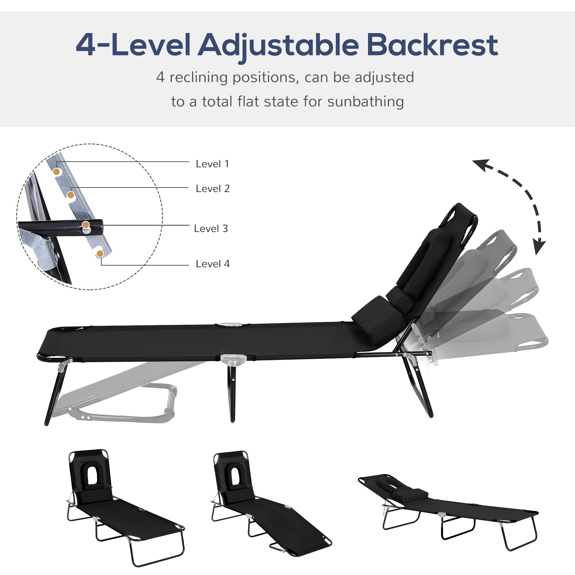 Outsunny Adjustable Garden Sun Lounger w/ Reading Hole Outdoor Reclining Seat Folding Camping Beach Lounging Bed Black