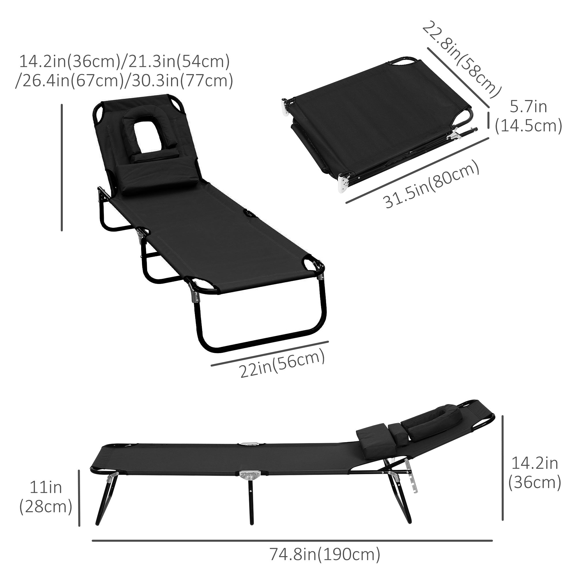 Outsunny Adjustable Garden Sun Lounger w/ Reading Hole Outdoor Reclining Seat Folding Camping Beach Lounging Bed Black