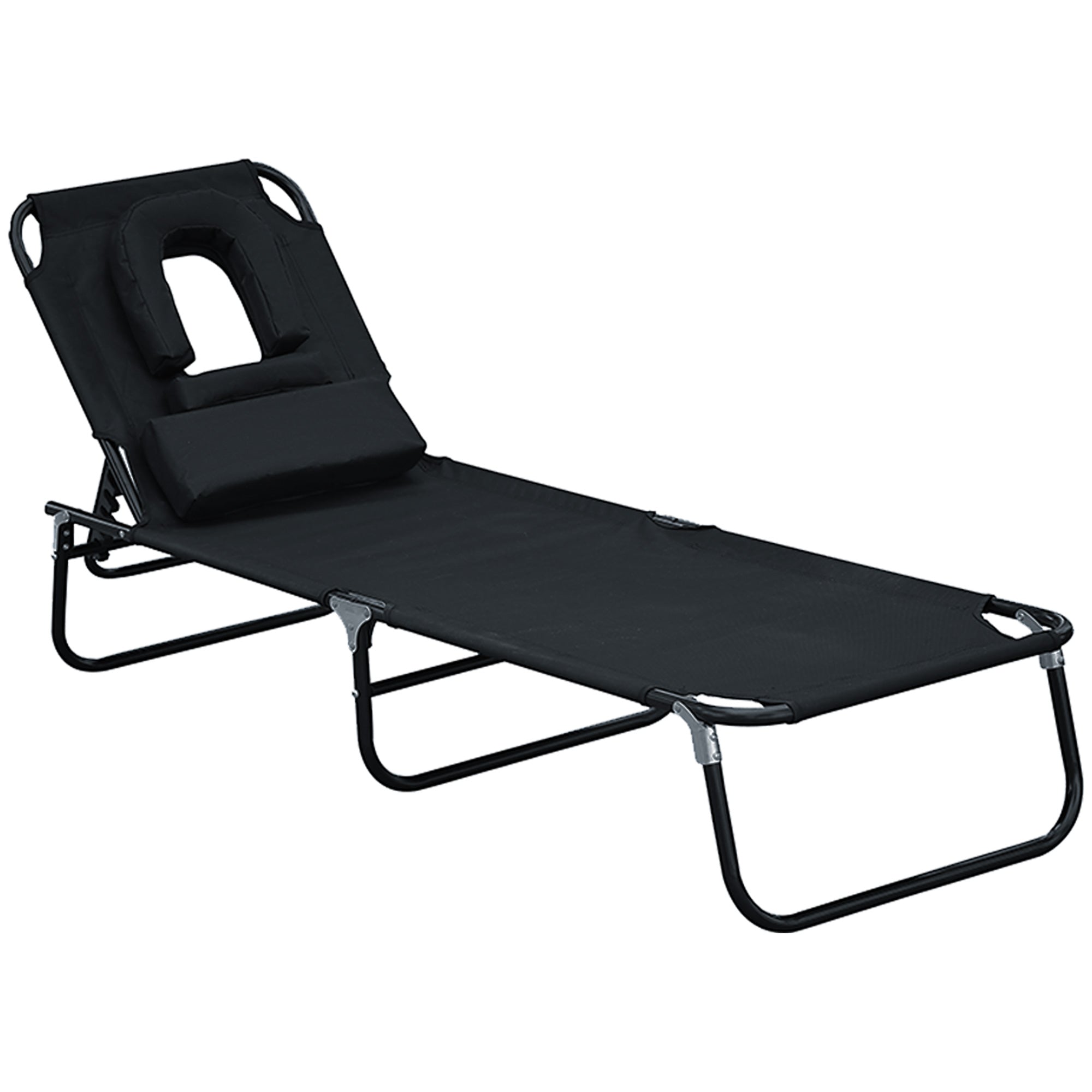 Outsunny Adjustable Garden Sun Lounger w/ Reading Hole Outdoor Reclining Seat Folding Camping Beach Lounging Bed Black