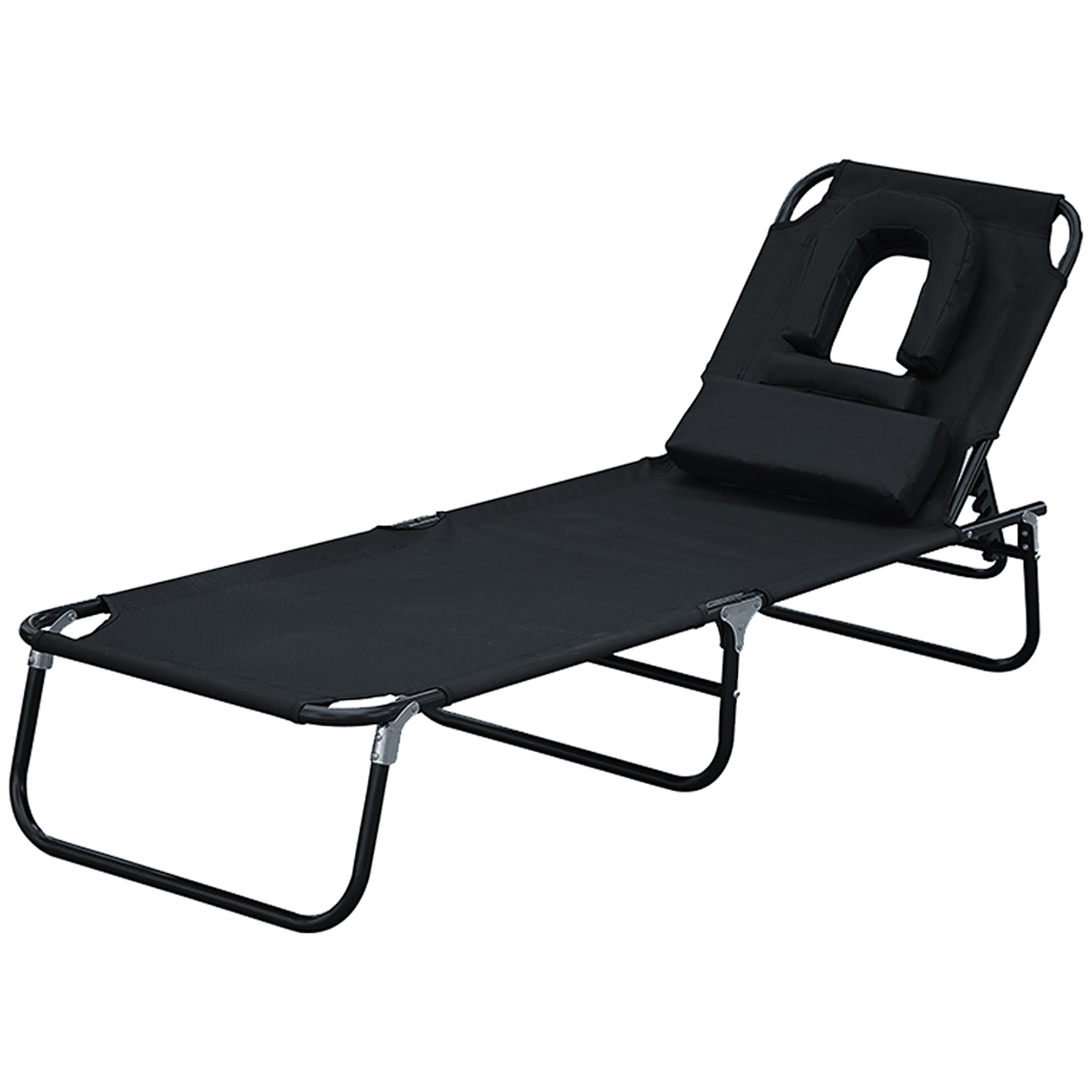 Outsunny Adjustable Garden Sun Lounger w/ Reading Hole Outdoor Reclining Seat Folding Camping Beach Lounging Bed Black