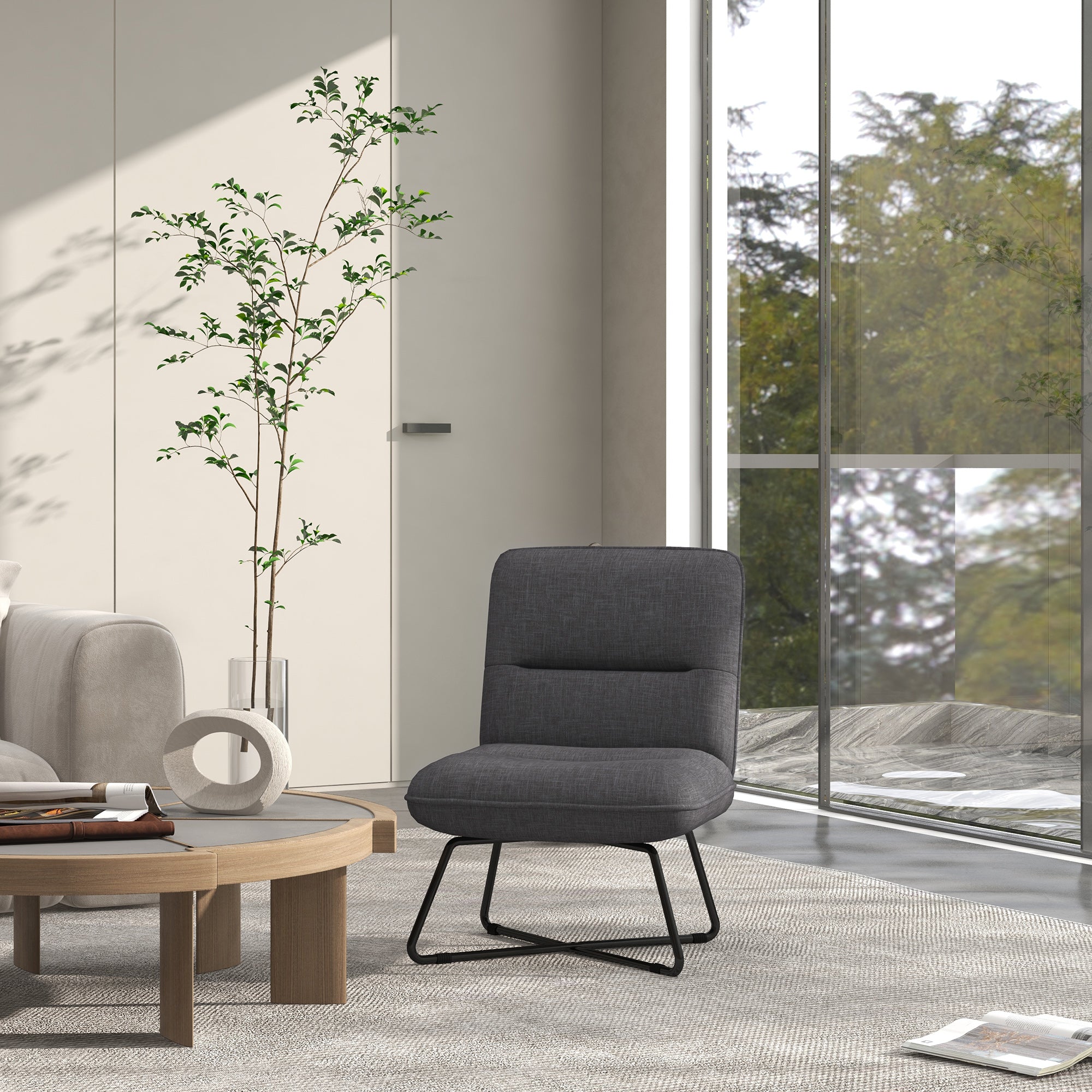 HOMCOM Armless Accent Chair, Upholstered Side Chair for Living Room with Crossed Steel Legs, Dark Grey
