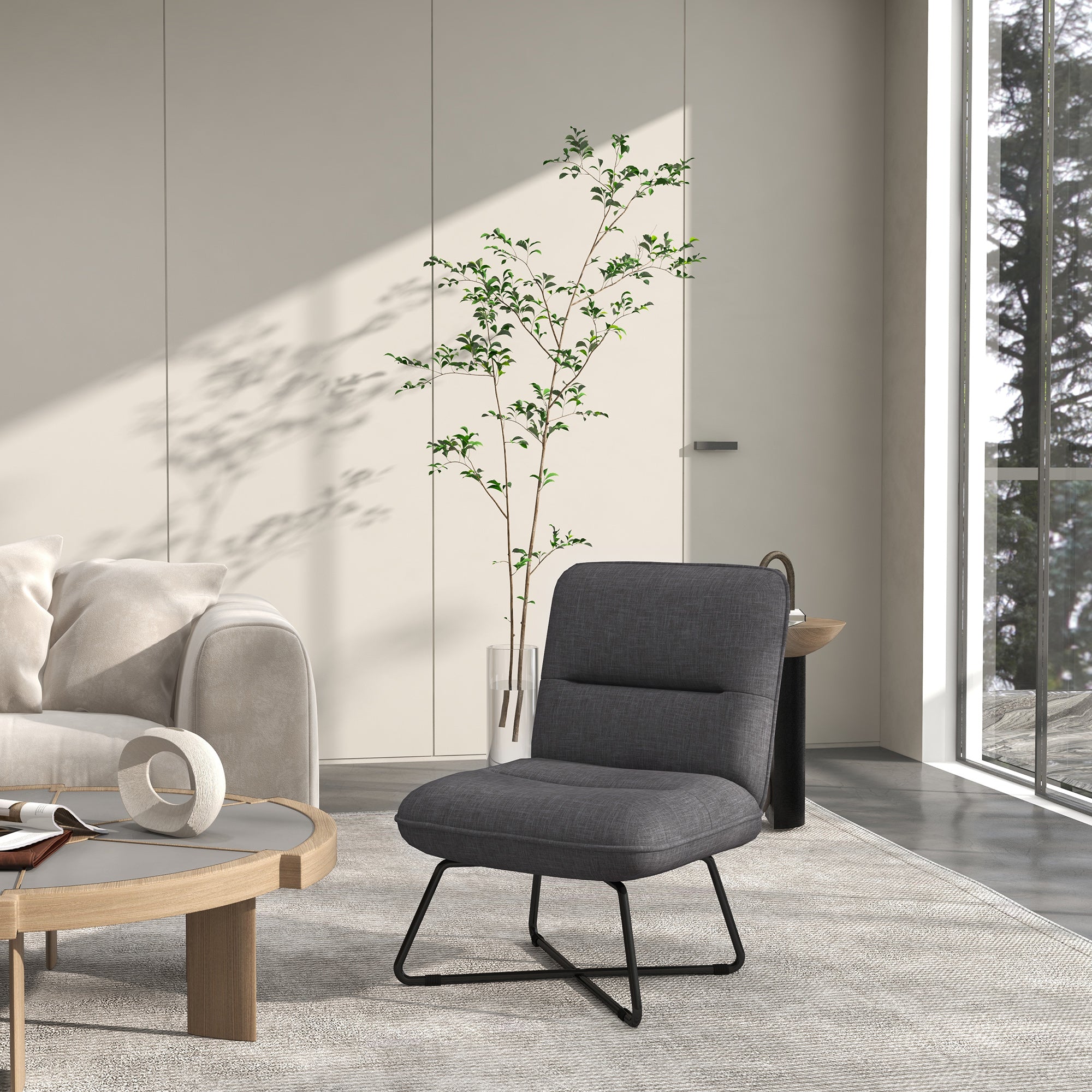 HOMCOM Armless Accent Chair, Upholstered Side Chair for Living Room with Crossed Steel Legs, Dark Grey