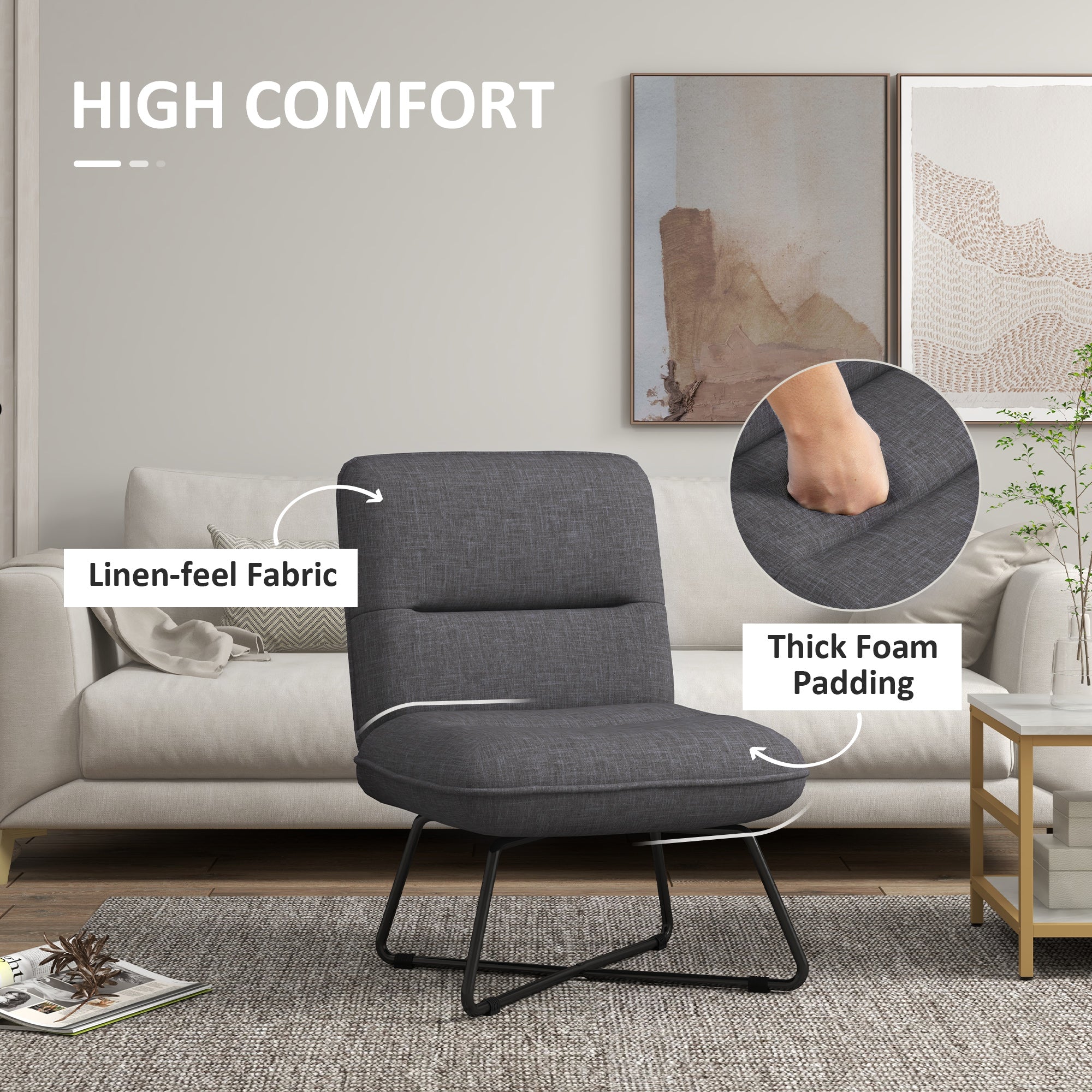 HOMCOM Armless Accent Chair, Upholstered Side Chair for Living Room with Crossed Steel Legs, Dark Grey