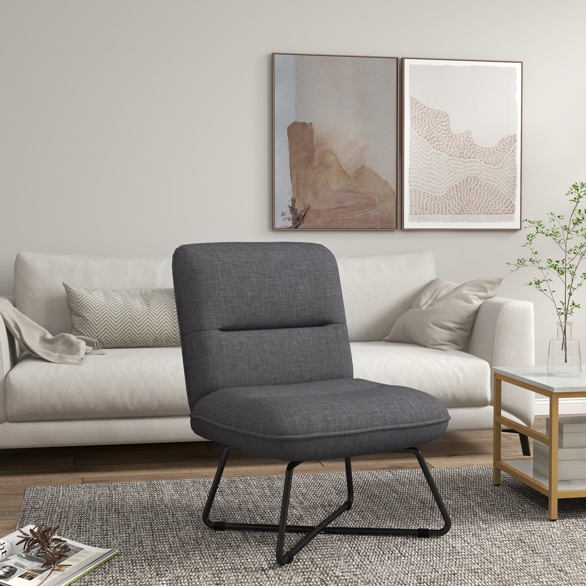 HOMCOM Armless Accent Chair, Upholstered Side Chair for Living Room with Crossed Steel Legs, Dark Grey