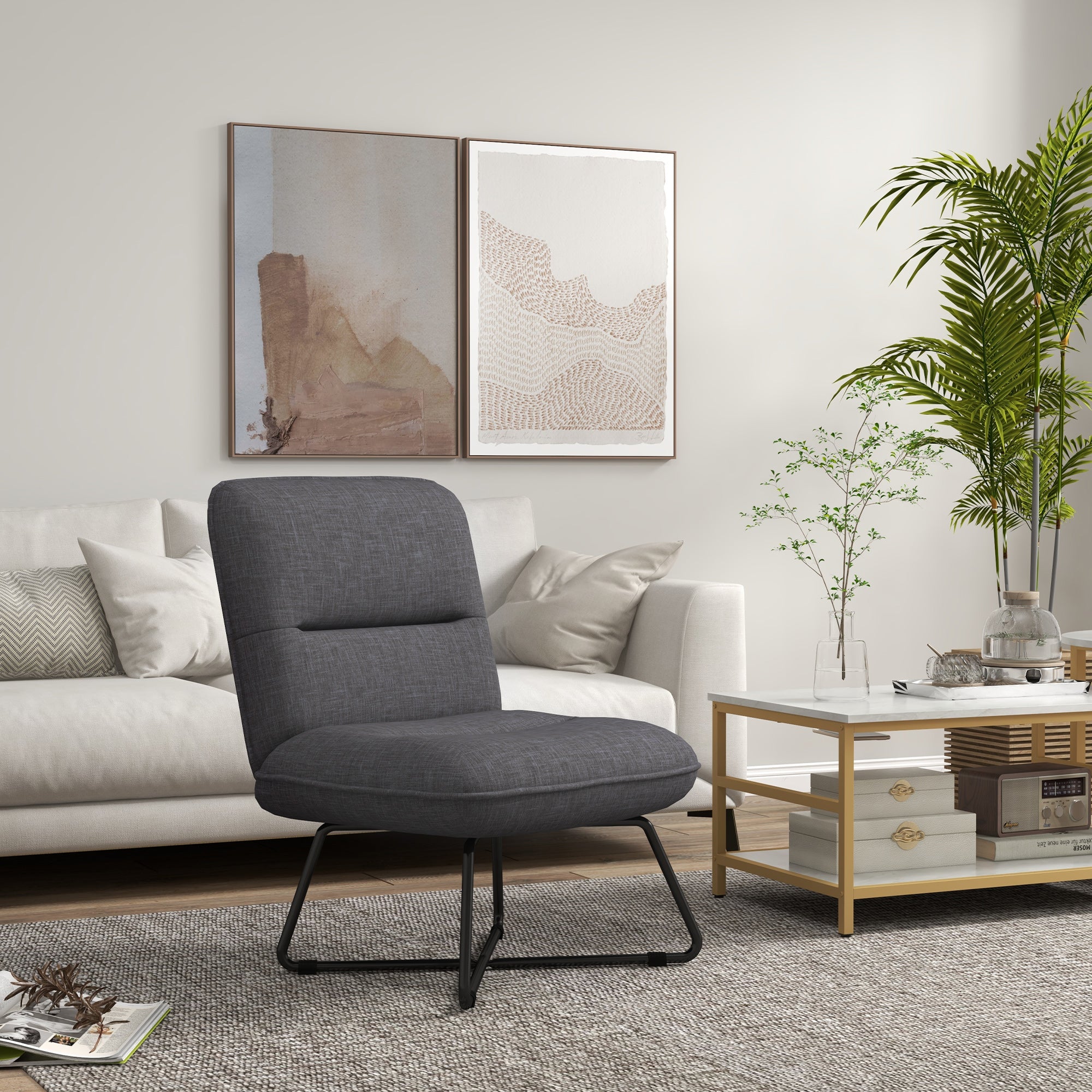 HOMCOM Armless Accent Chair, Upholstered Side Chair for Living Room with Crossed Steel Legs, Dark Grey