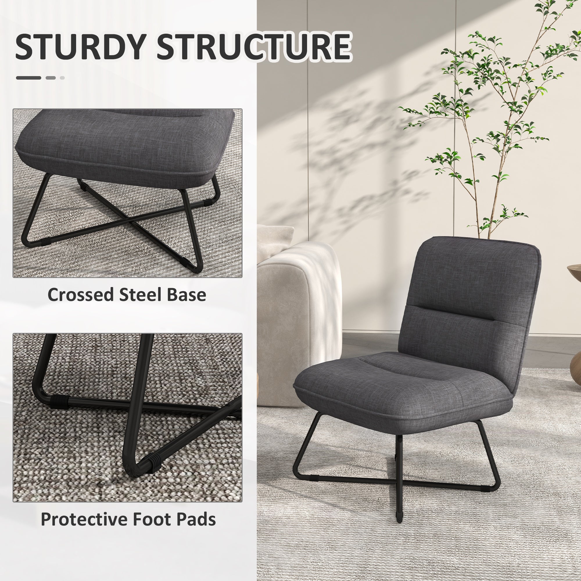 HOMCOM Armless Accent Chair, Upholstered Side Chair for Living Room with Crossed Steel Legs, Dark Grey