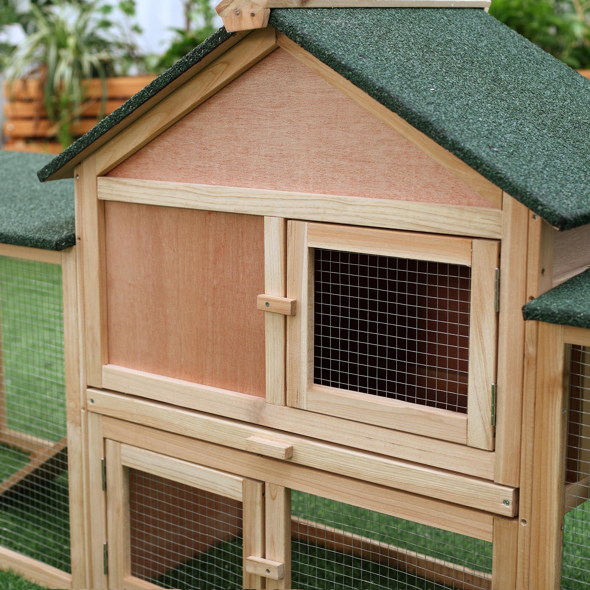 PawHut Large Rabbit Hutch Wood Bunny Cage Outdoor Guinea Pig House with Double Runs Slide Out Tray Ramps, 83"x18"x33", Natural