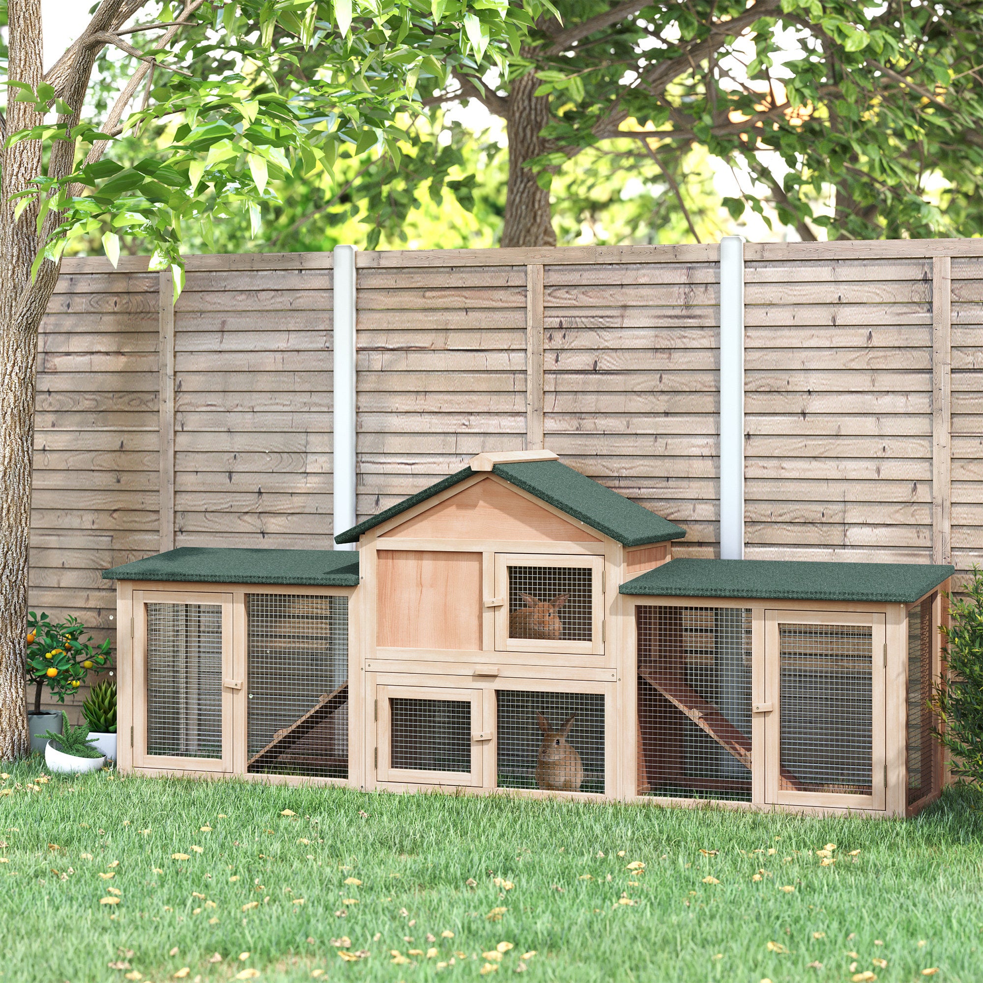 PawHut Large Rabbit Hutch Wood Bunny Cage Outdoor Guinea Pig House with Double Runs Slide Out Tray Ramps, 83"x18"x33", Natural