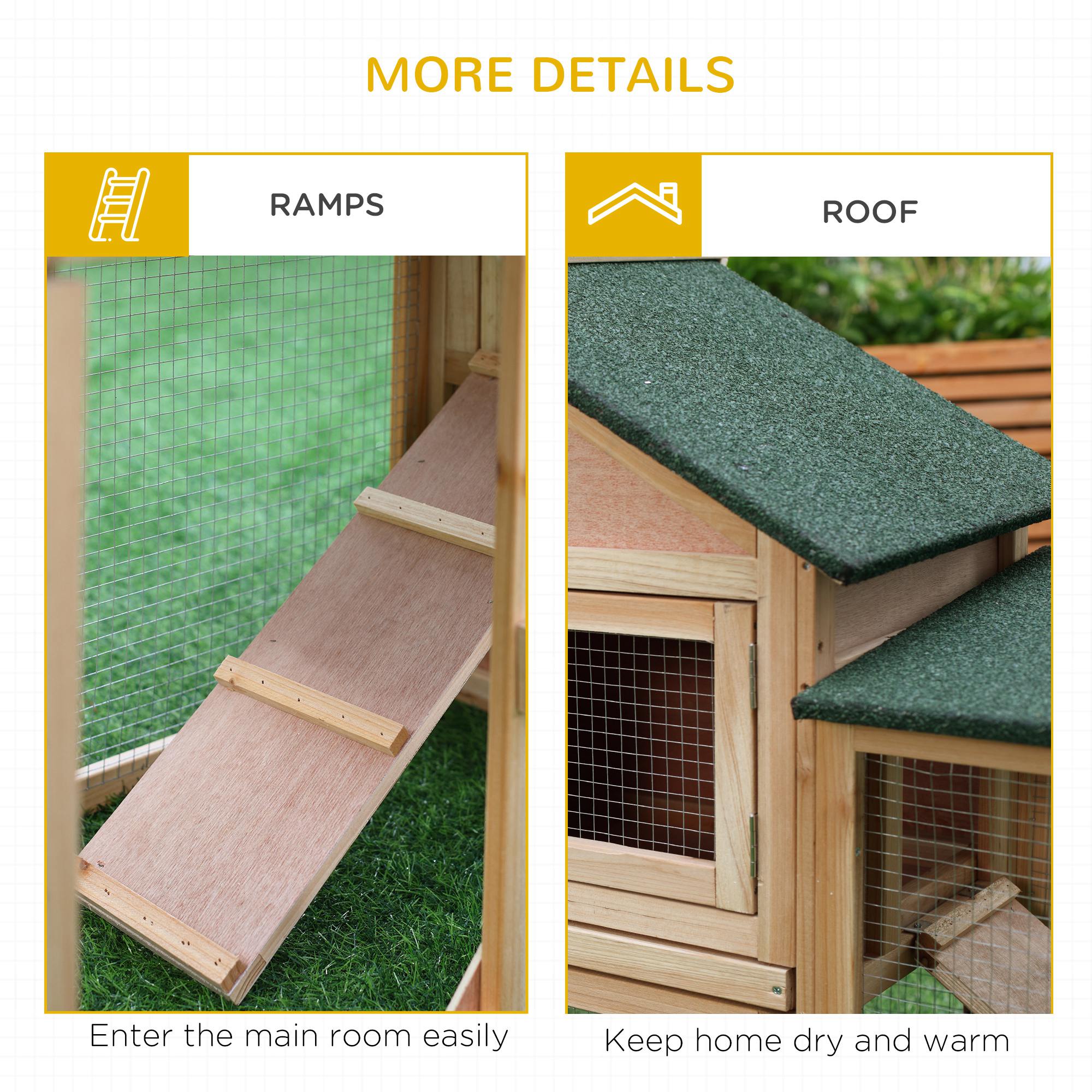 PawHut Large Rabbit Hutch Wood Bunny Cage Outdoor Guinea Pig House with Double Runs Slide Out Tray Ramps, 83"x18"x33", Natural