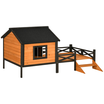 PawHut Outdoor Dog House with Porch, Wooden Dog Kennel with Water-resistant Asphalt Roof, Ladders, Fencing, Window, for Small and Medium Dog, Natural