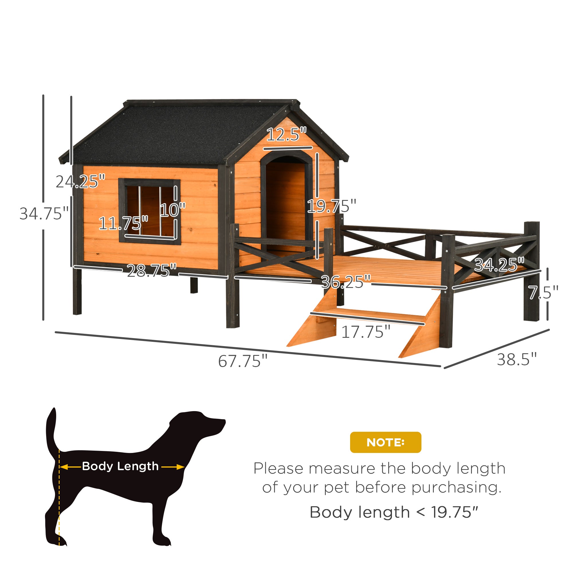 PawHut Outdoor Dog House with Porch, Wooden Dog Kennel with Water-resistant Asphalt Roof, Ladders, Fencing, Window, for Small and Medium Dog, Natural