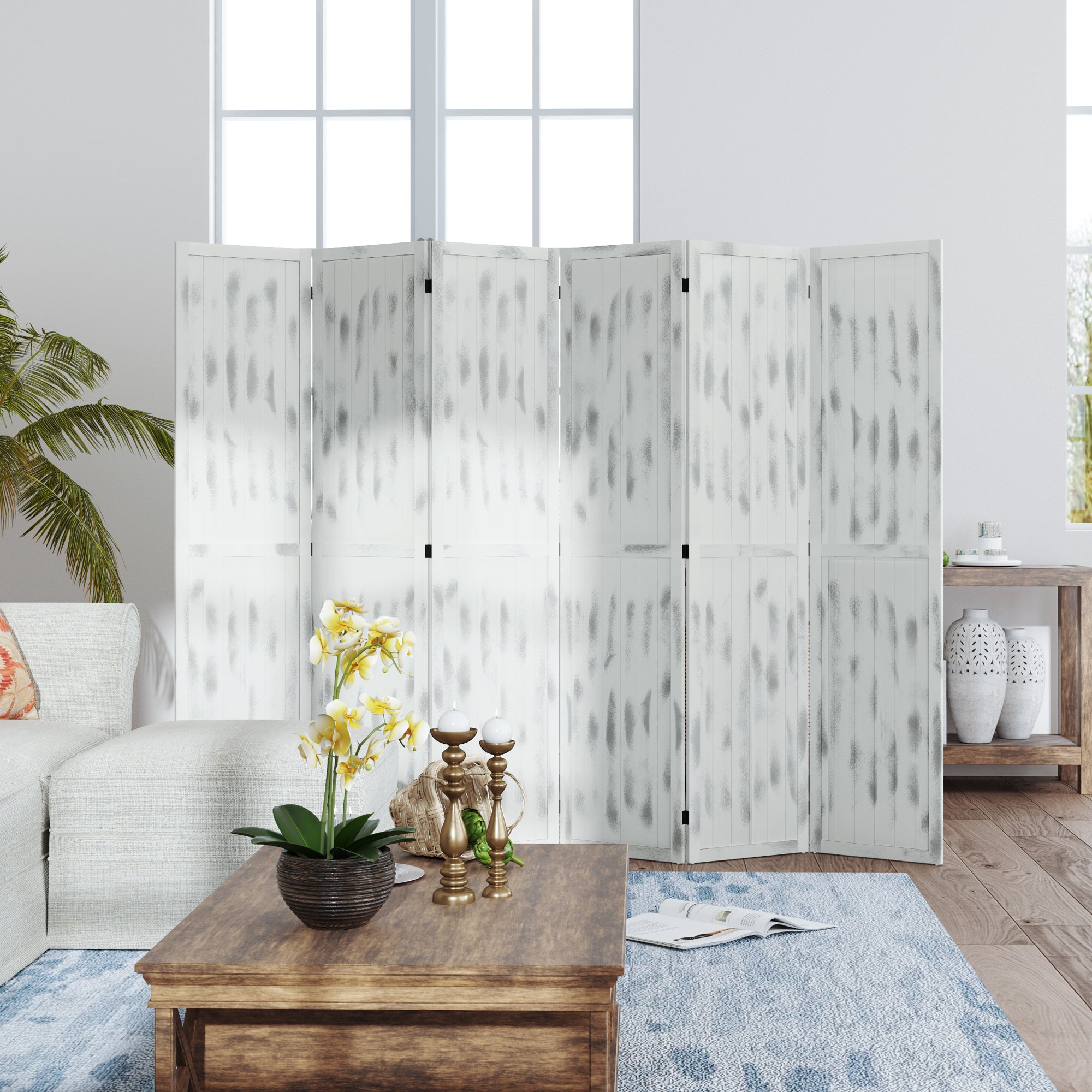 HOMCOM 5.6 FT. Tall 6-Panel Room Divider, Rustic White Panel Freestanding Folding Privacy Screen Panels, Partition Wall Divider for Indoor Bedroom Office, White