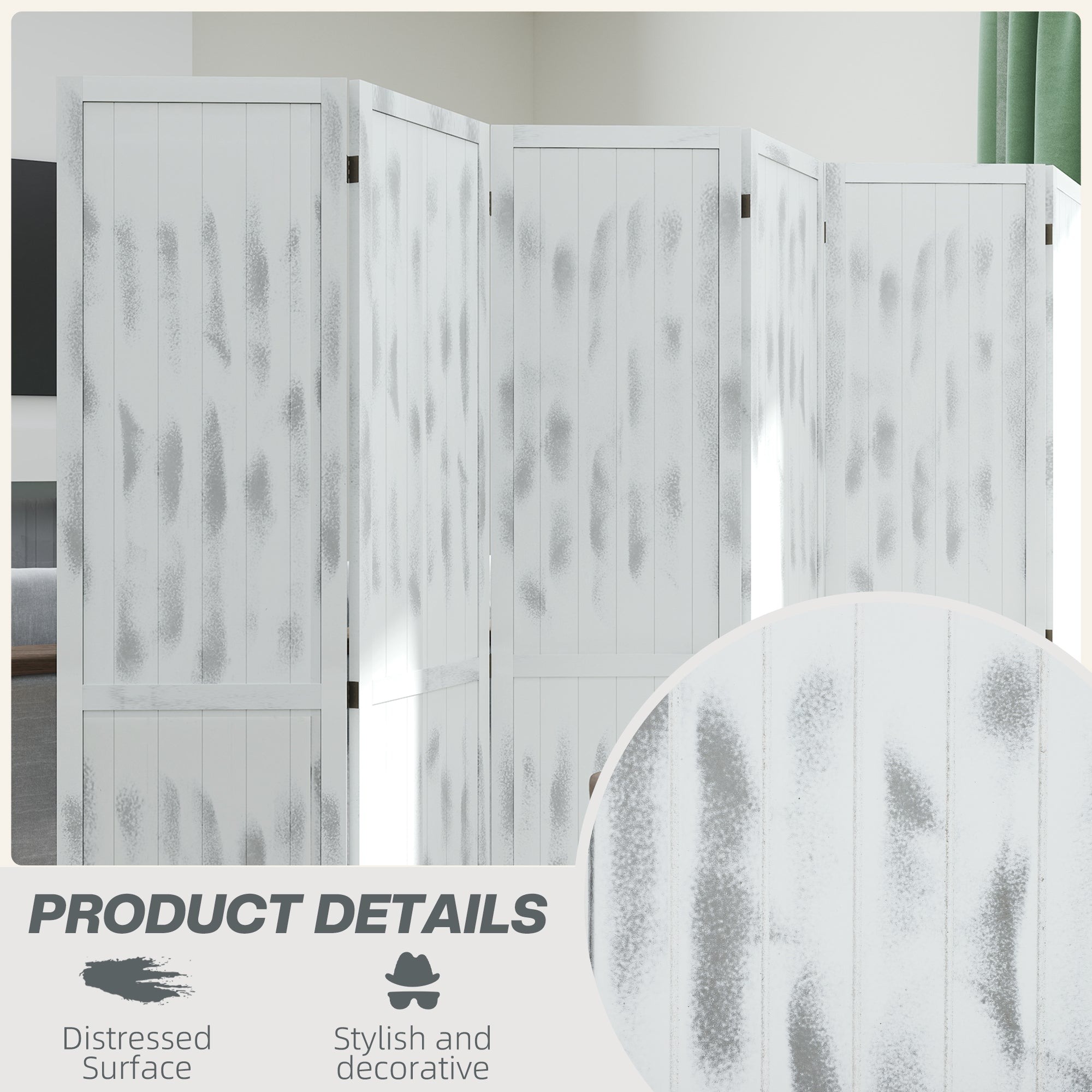 HOMCOM 5.6 FT. Tall 6-Panel Room Divider, Rustic White Panel Freestanding Folding Privacy Screen Panels, Partition Wall Divider for Indoor Bedroom Office, White