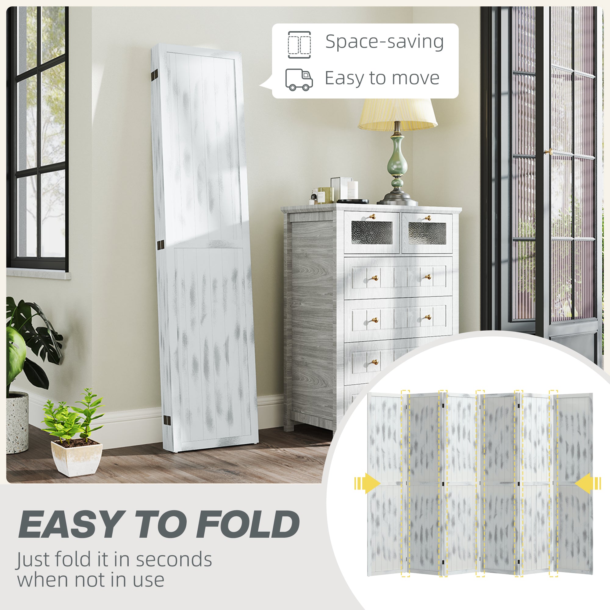 HOMCOM 5.6 FT. Tall 6-Panel Room Divider, Rustic White Panel Freestanding Folding Privacy Screen Panels, Partition Wall Divider for Indoor Bedroom Office, White