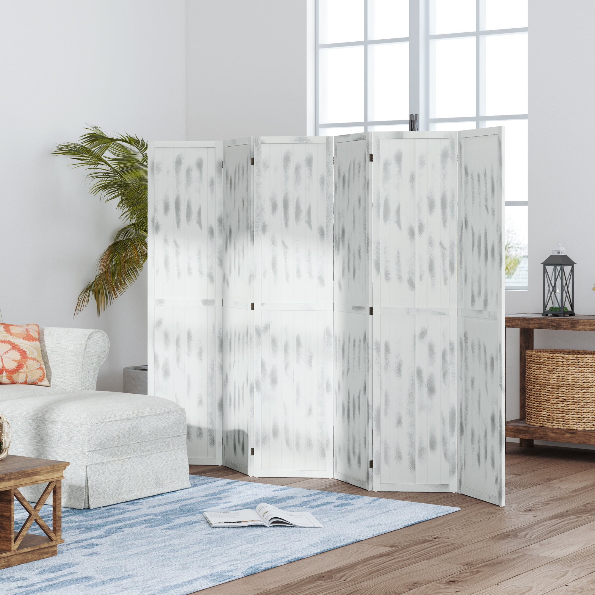 HOMCOM 5.6 FT. Tall 6-Panel Room Divider, Rustic White Panel Freestanding Folding Privacy Screen Panels, Partition Wall Divider for Indoor Bedroom Office, White