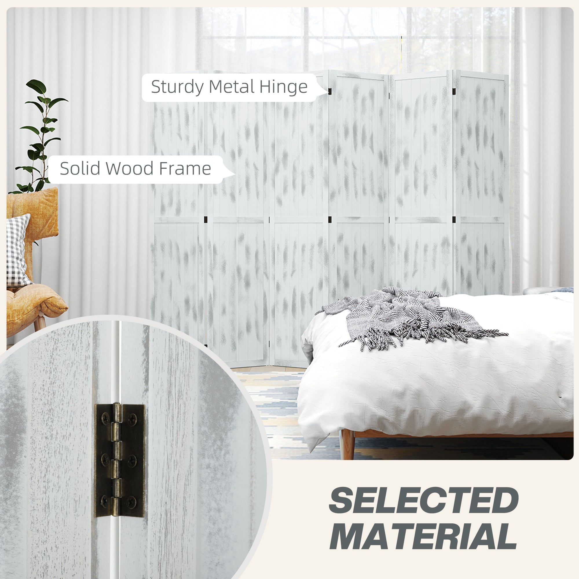 HOMCOM 5.6 FT. Tall 6-Panel Room Divider, Rustic White Panel Freestanding Folding Privacy Screen Panels, Partition Wall Divider for Indoor Bedroom Office, White