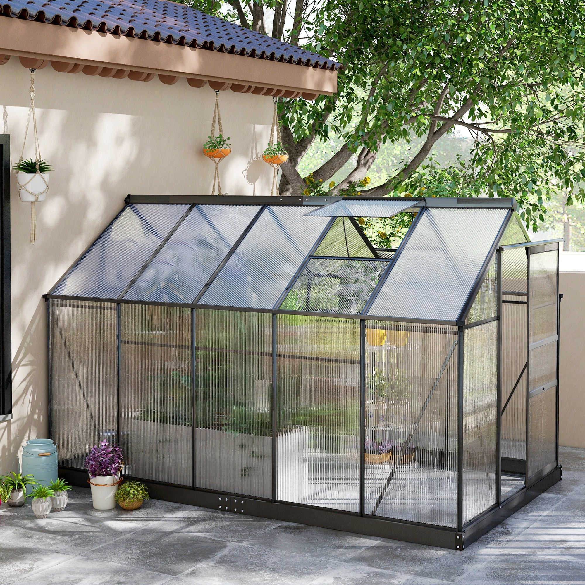 Outsunny 6' x 10' x 6.6' Polycarbonate Greenhouse, Walk-In Green House Kit Garden, Plants Grow, Galvanized Sheet Aluminum Frame with Rain Gutter, Vents and Sliding Door, Grey