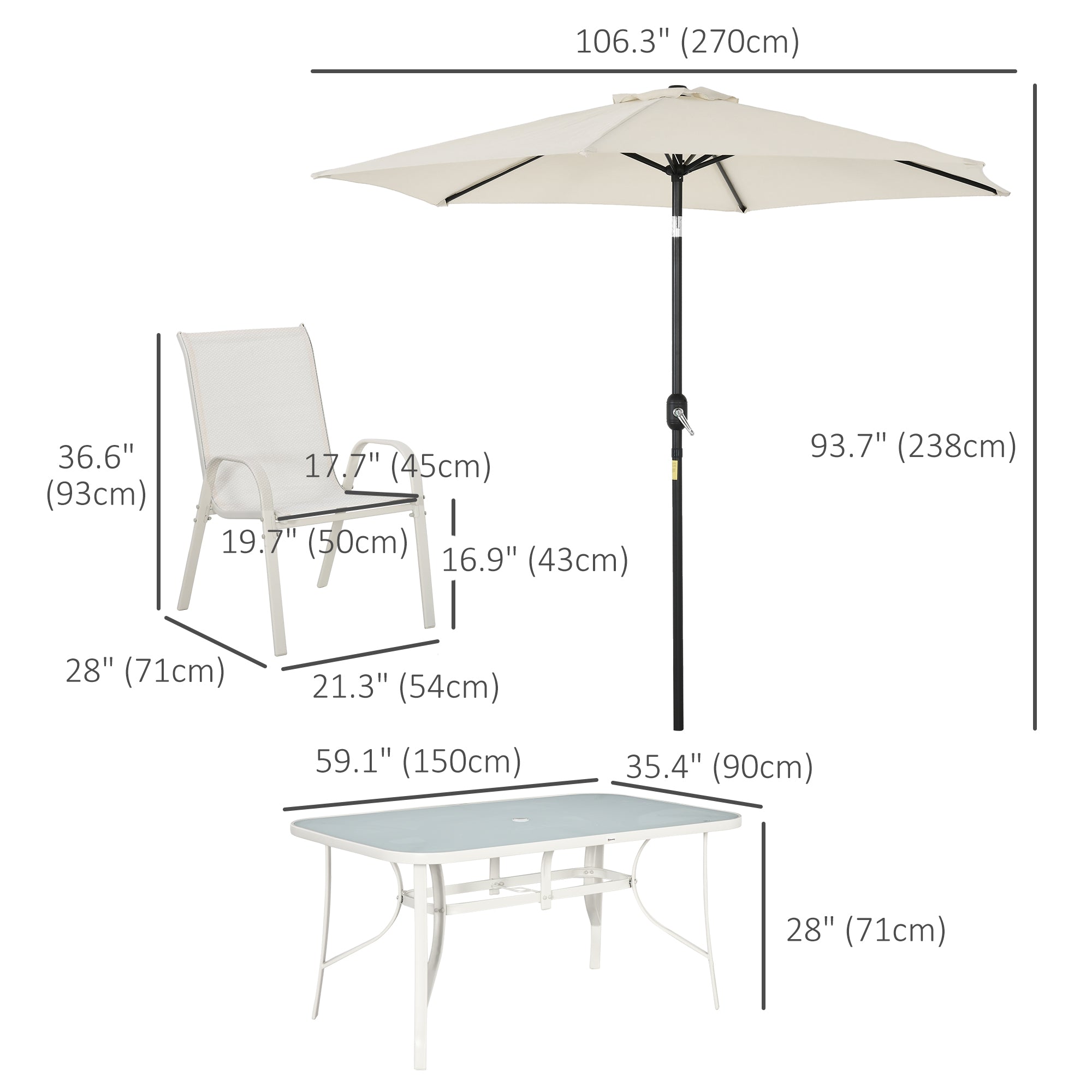 Outsunny 8 Pieces Patio Dining Set with Umbrella, Aluminum Frame Outdoor Patio Furniture Set with 6 Sling Chairs and Glass Top Rectangle Dining Table, Cream White