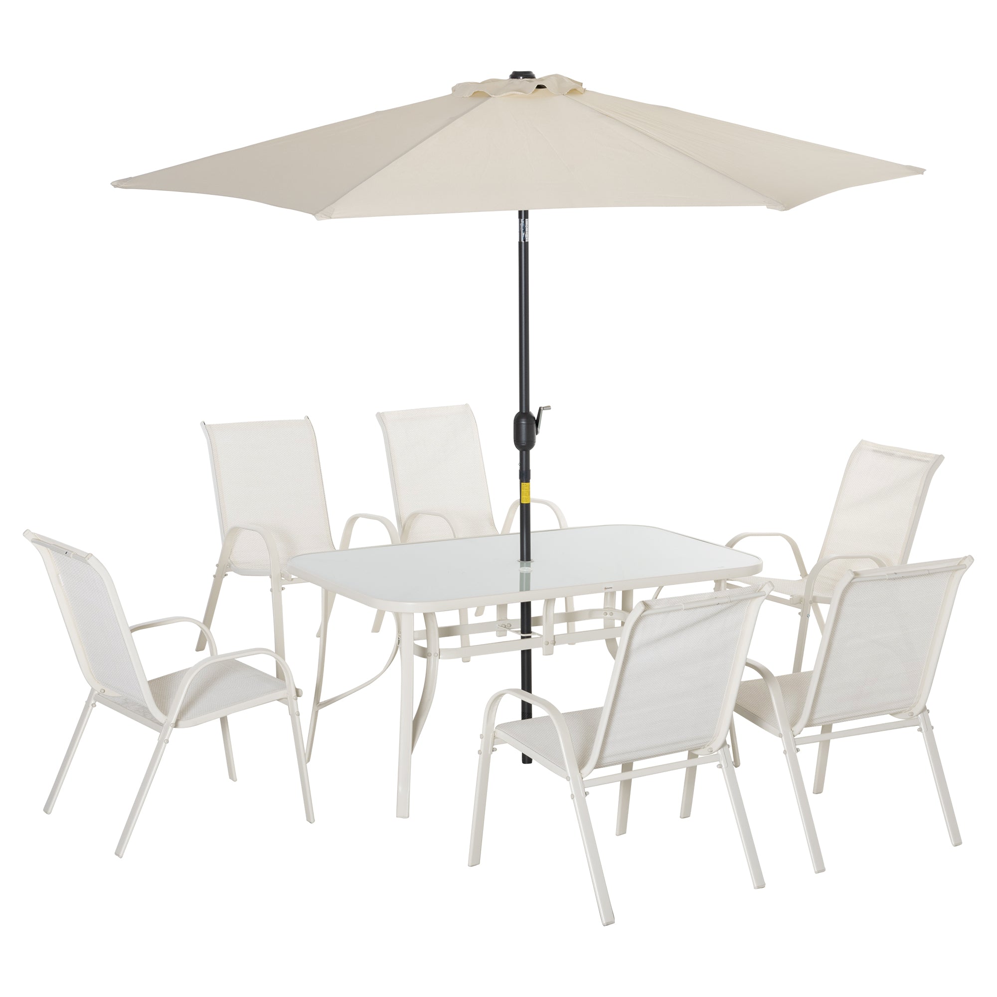 Outsunny 8 Pieces Patio Dining Set with Umbrella, Aluminum Frame Outdoor Patio Furniture Set with 6 Sling Chairs and Glass Top Rectangle Dining Table, Cream White
