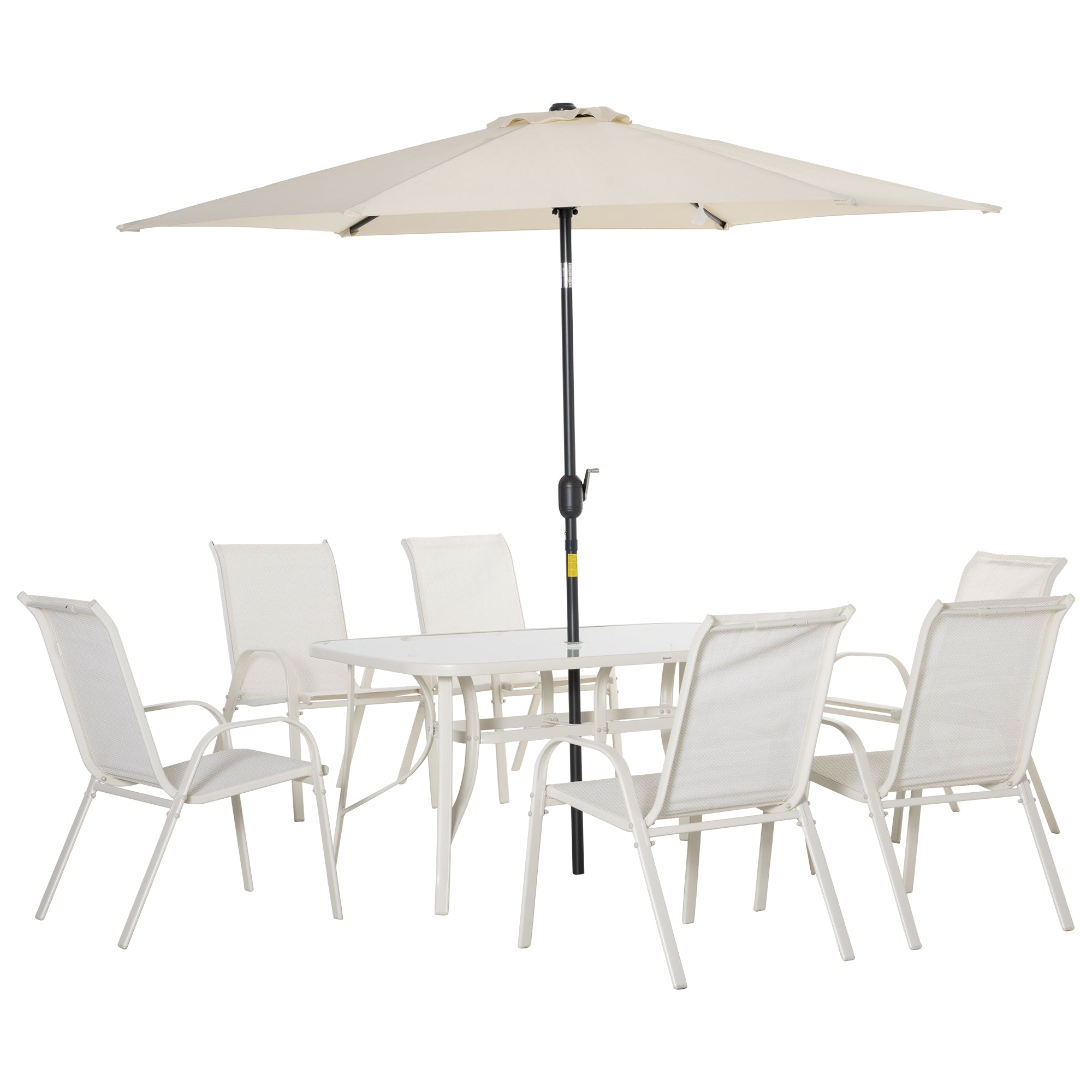 Outsunny 8 Pieces Patio Dining Set with Umbrella, Aluminum Frame Outdoor Patio Furniture Set with 6 Sling Chairs and Glass Top Rectangle Dining Table, Cream White