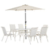 Outsunny 8 Pieces Patio Dining Set with Umbrella, Aluminum Frame Outdoor Patio Furniture Set with 6 Sling Chairs and Glass Top Rectangle Dining Table, Cream White