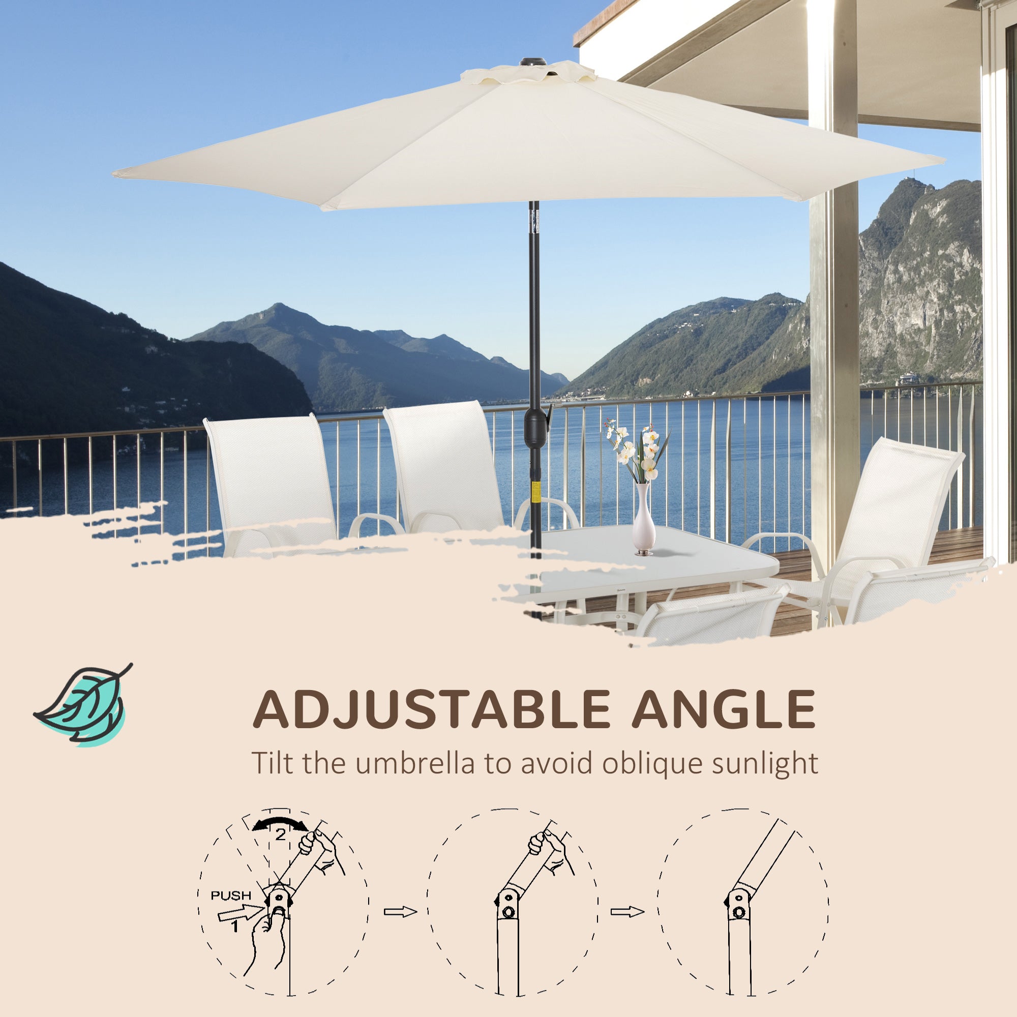 Outsunny 8 Pieces Patio Dining Set with Umbrella, Aluminum Frame Outdoor Patio Furniture Set with 6 Sling Chairs and Glass Top Rectangle Dining Table, Cream White