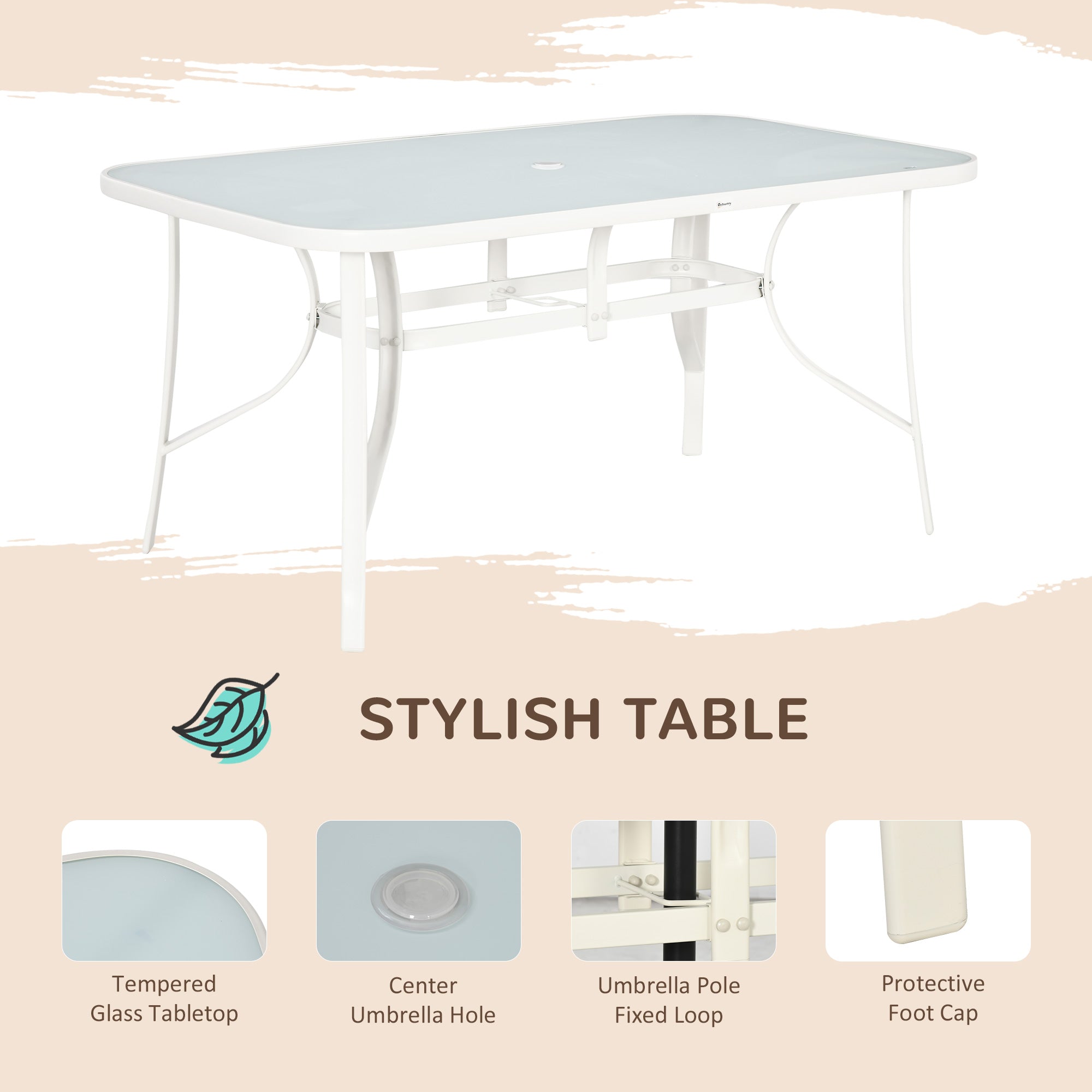 Outsunny 8 Pieces Patio Dining Set with Umbrella, Aluminum Frame Outdoor Patio Furniture Set with 6 Sling Chairs and Glass Top Rectangle Dining Table, Cream White