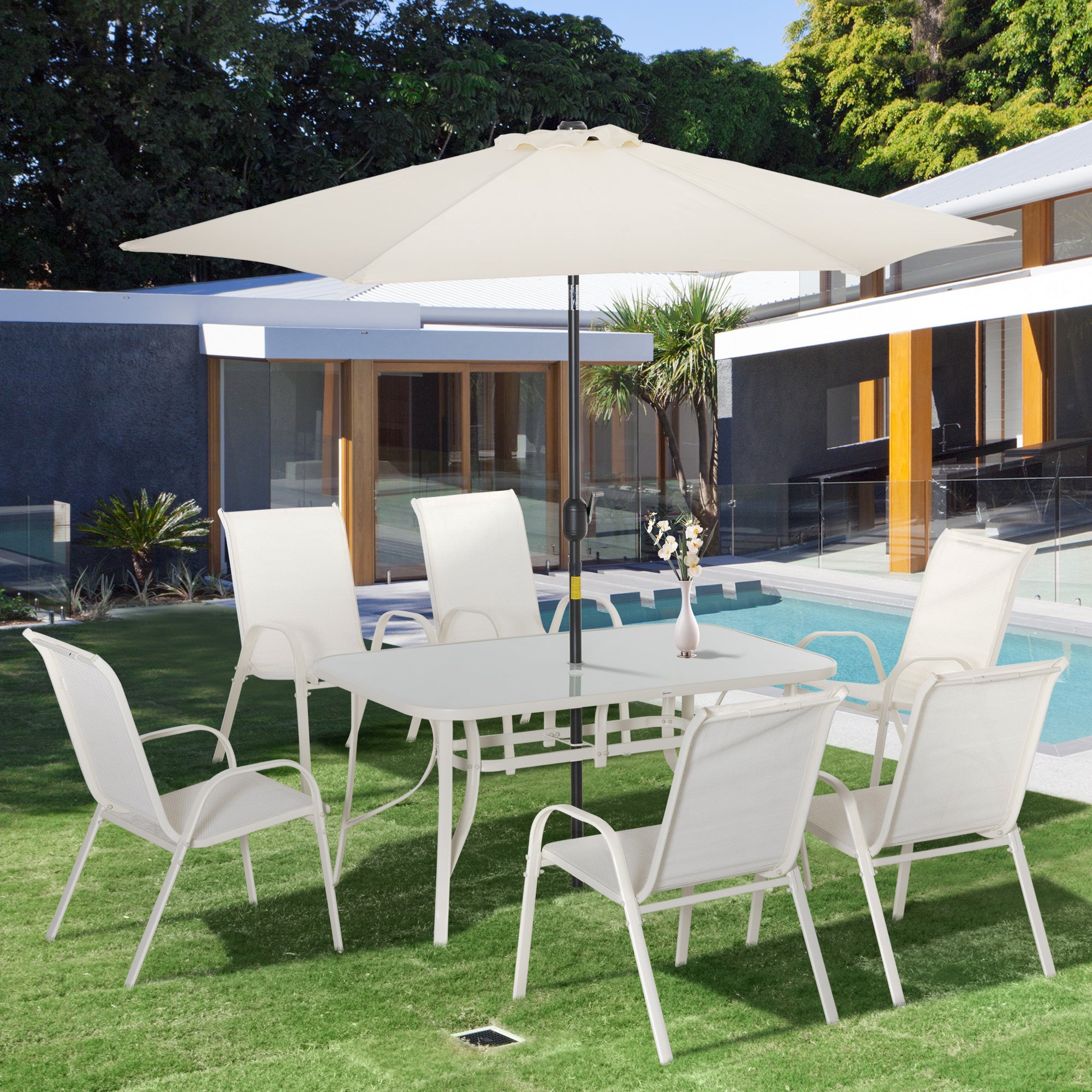 Outsunny 8 Pieces Patio Dining Set with Umbrella, Aluminum Frame Outdoor Patio Furniture Set with 6 Sling Chairs and Glass Top Rectangle Dining Table, Cream White